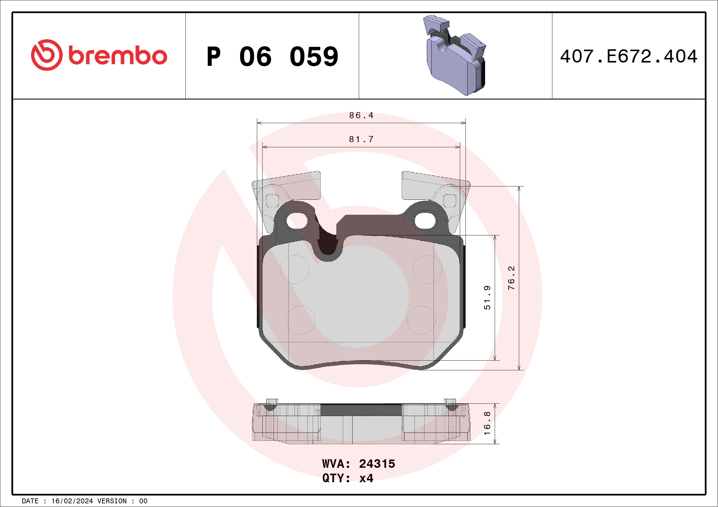 Brake Pad Set, disc brake - P 06 059 BREMBO