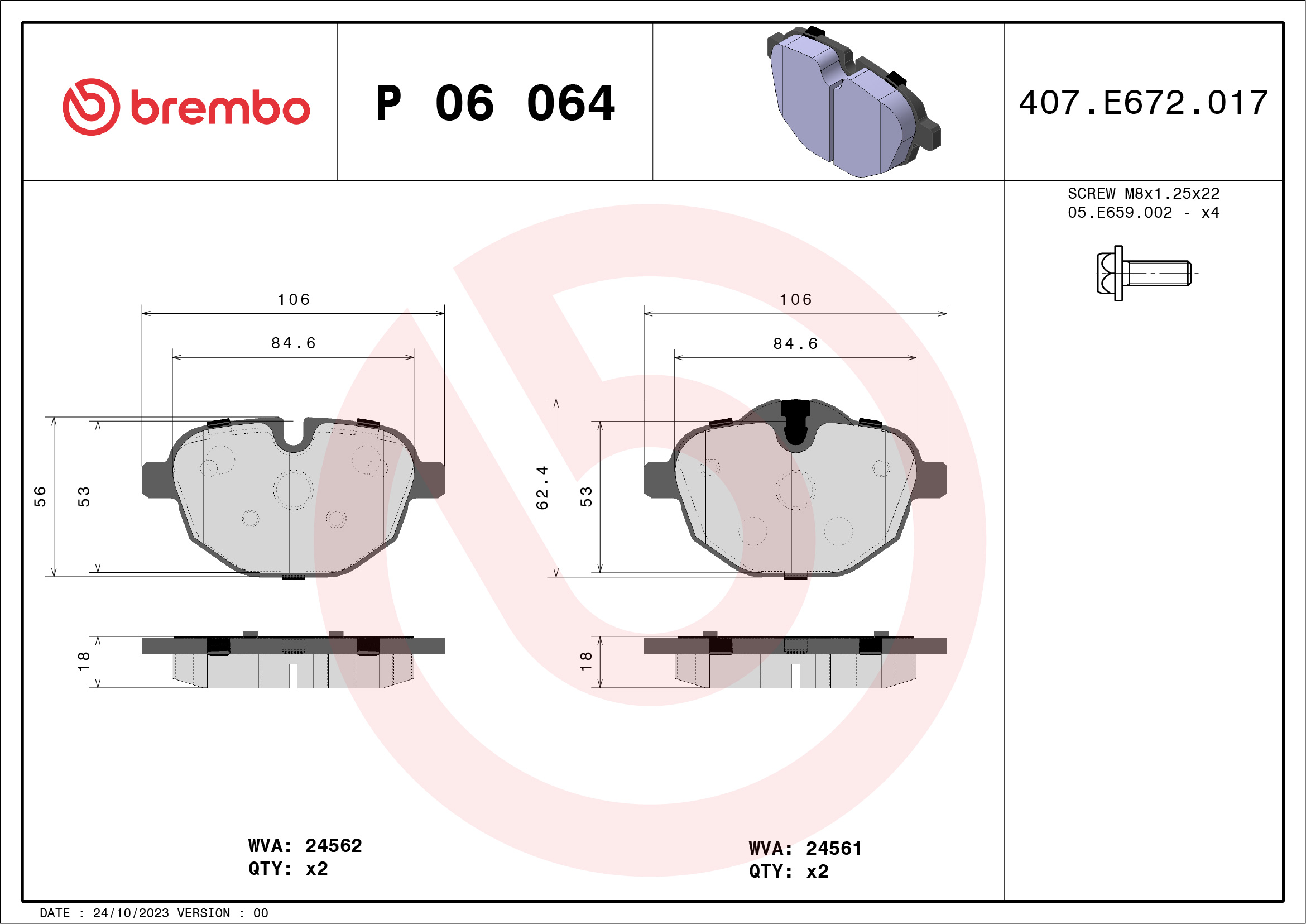 Комплект тормозных колодок, дисковый тормоз - P 06 064 BREMBO