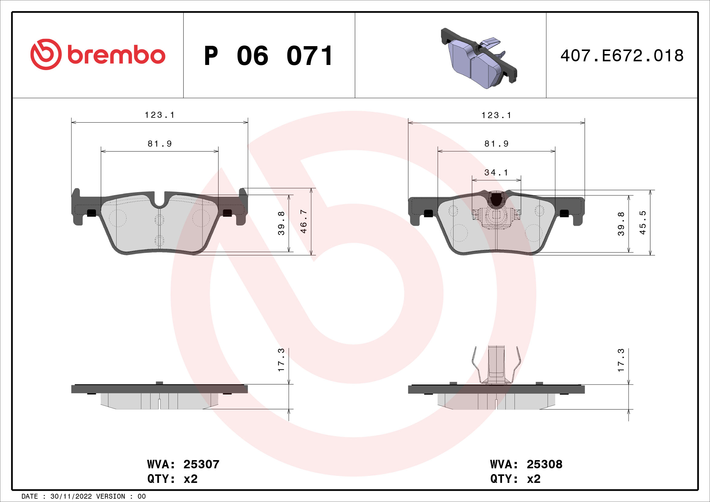 Brake Pad Set, disc brake - P 06 071 BREMBO