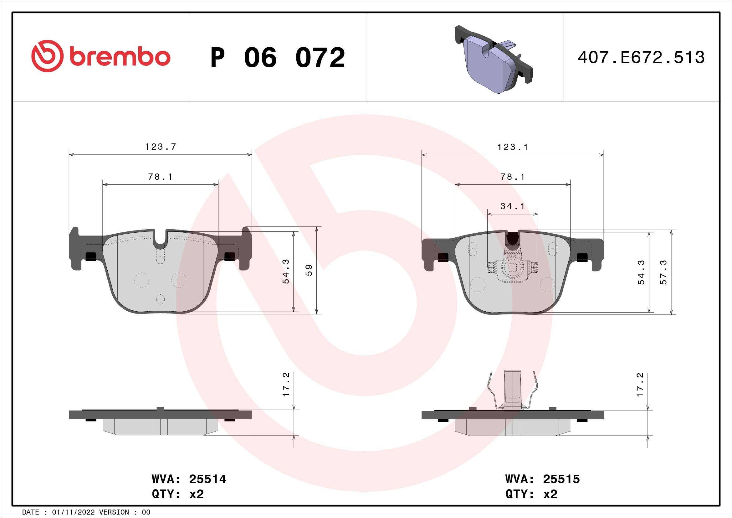 Brake Pad Set, disc brake - P 06 072 BREMBO