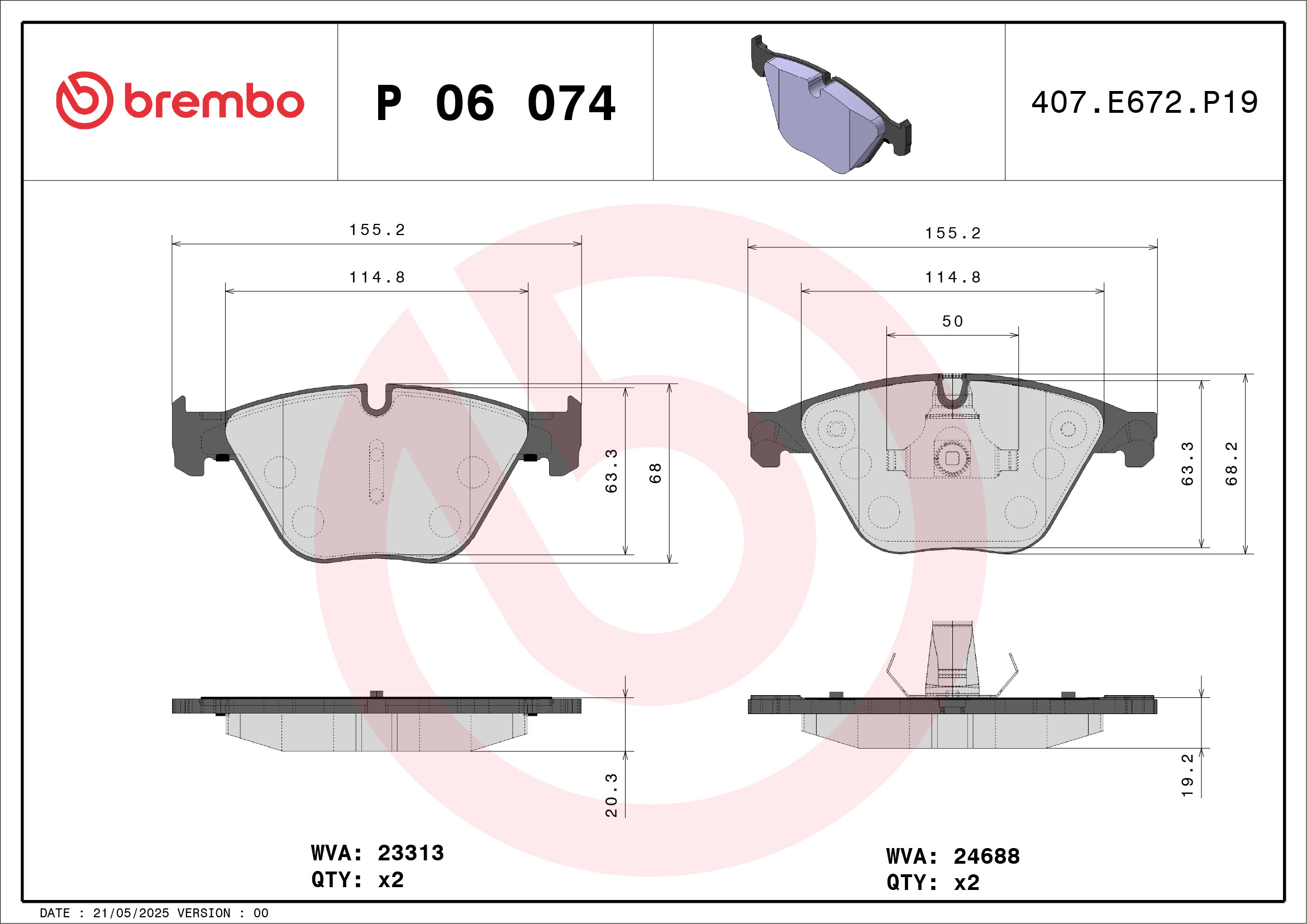 Комплект тормозных колодок, дисковый тормоз - P 06 074 BREMBO
