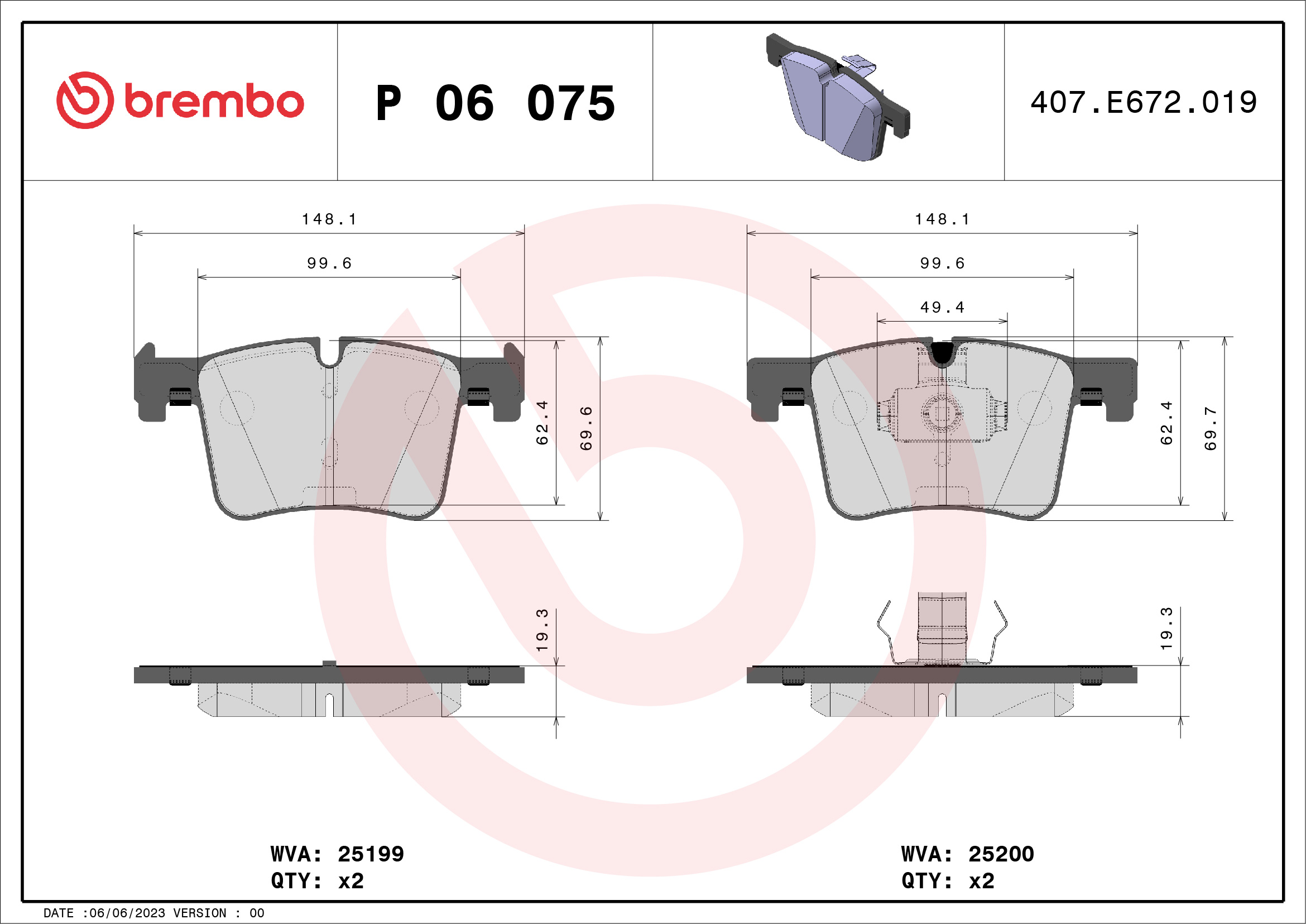 Brake Pad Set, disc brake - P 06 075 BREMBO