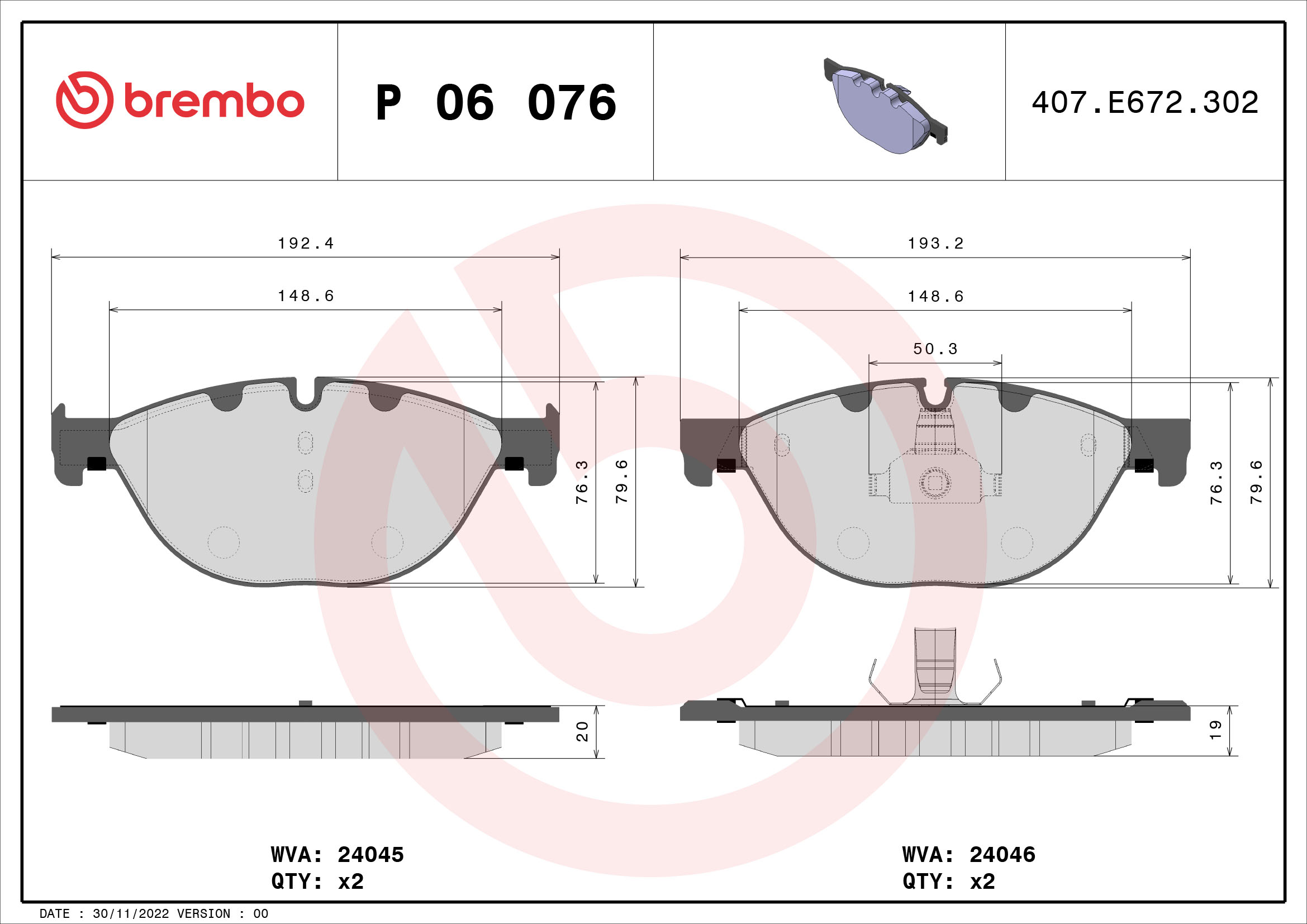 Brake Pad Set, disc brake - P 06 076 BREMBO