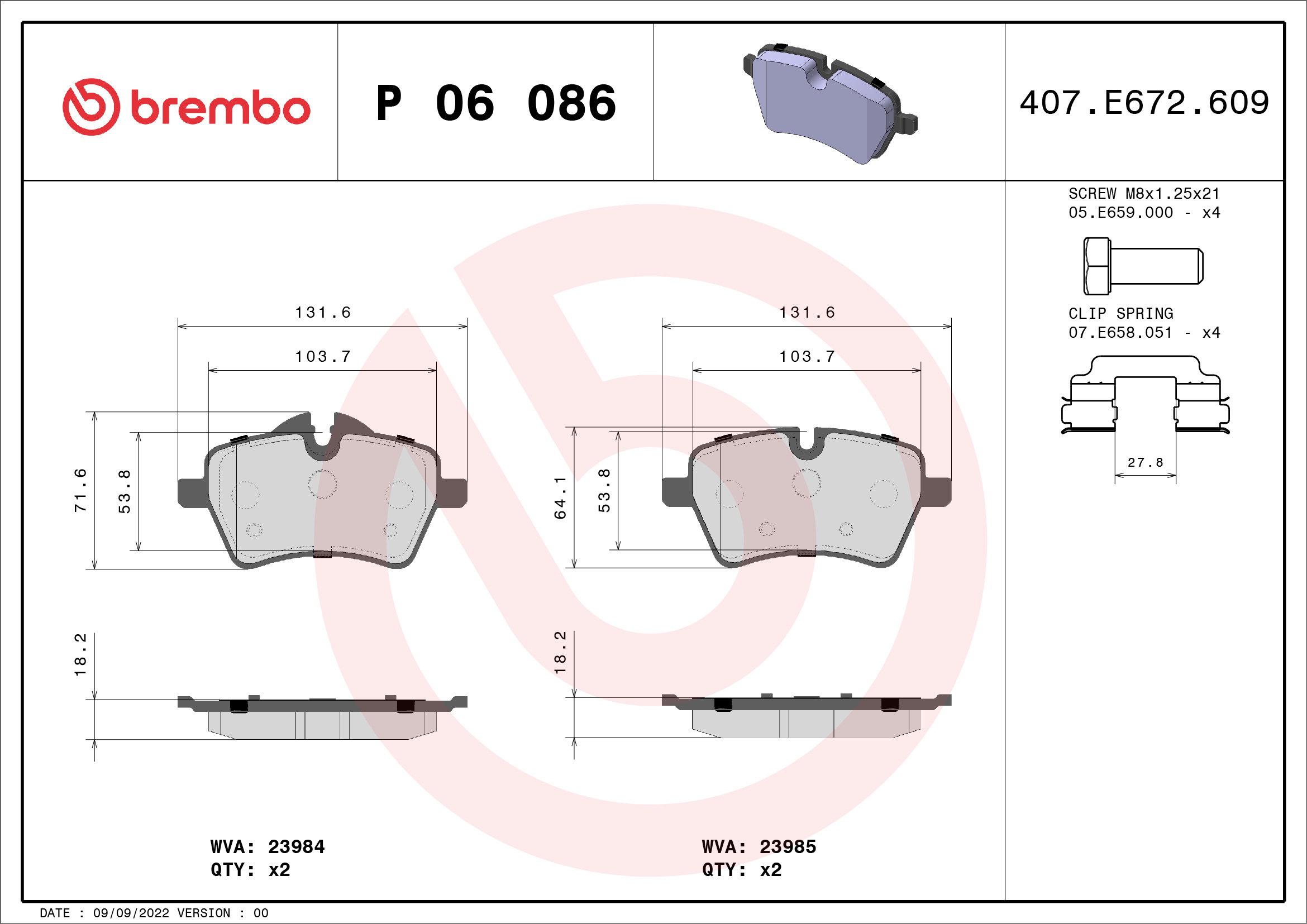 Brake Pad Set, disc brake - P 06 086 BREMBO