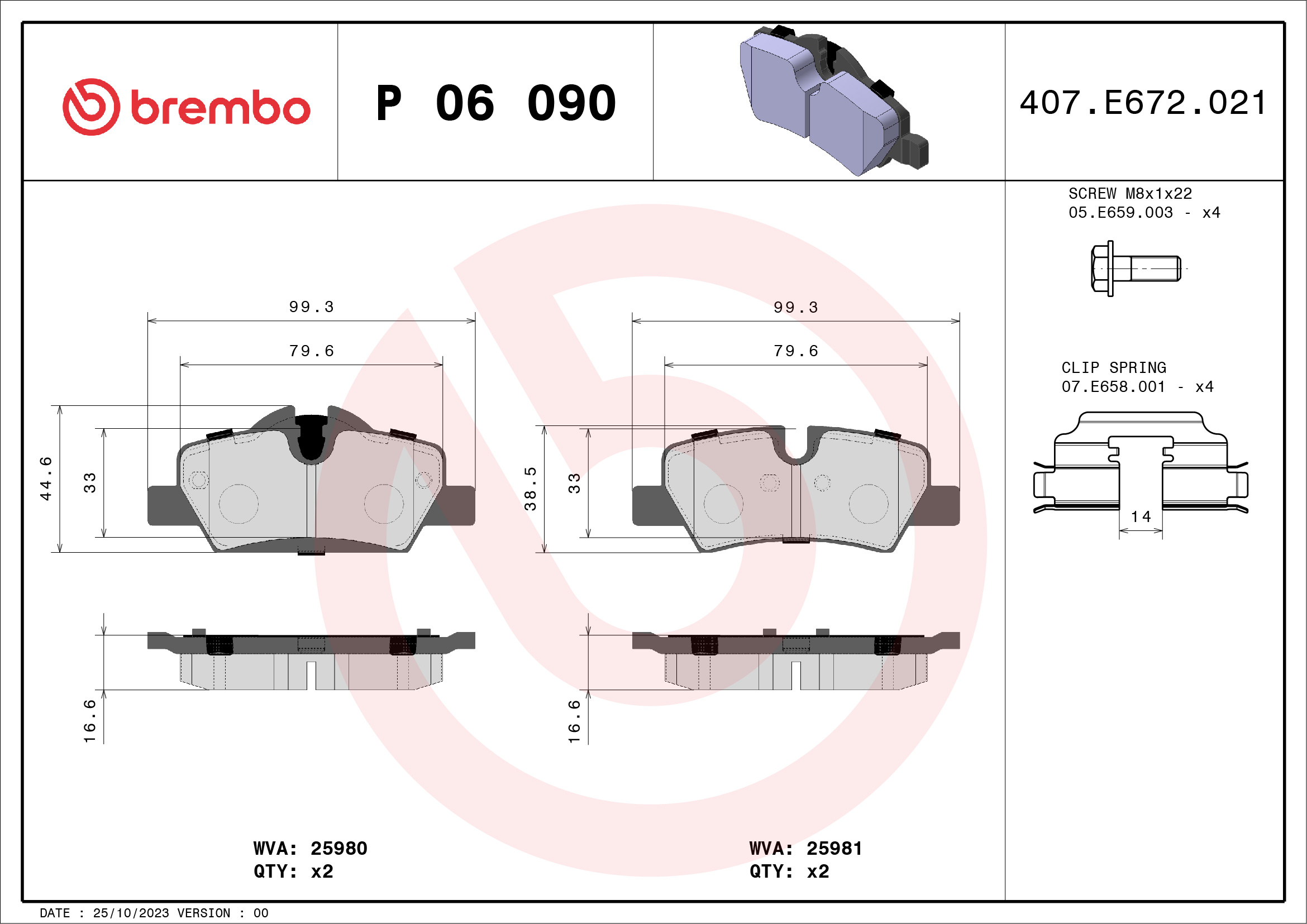 Комплект тормозных колодок, дисковый тормоз - P 06 090 BREMBO