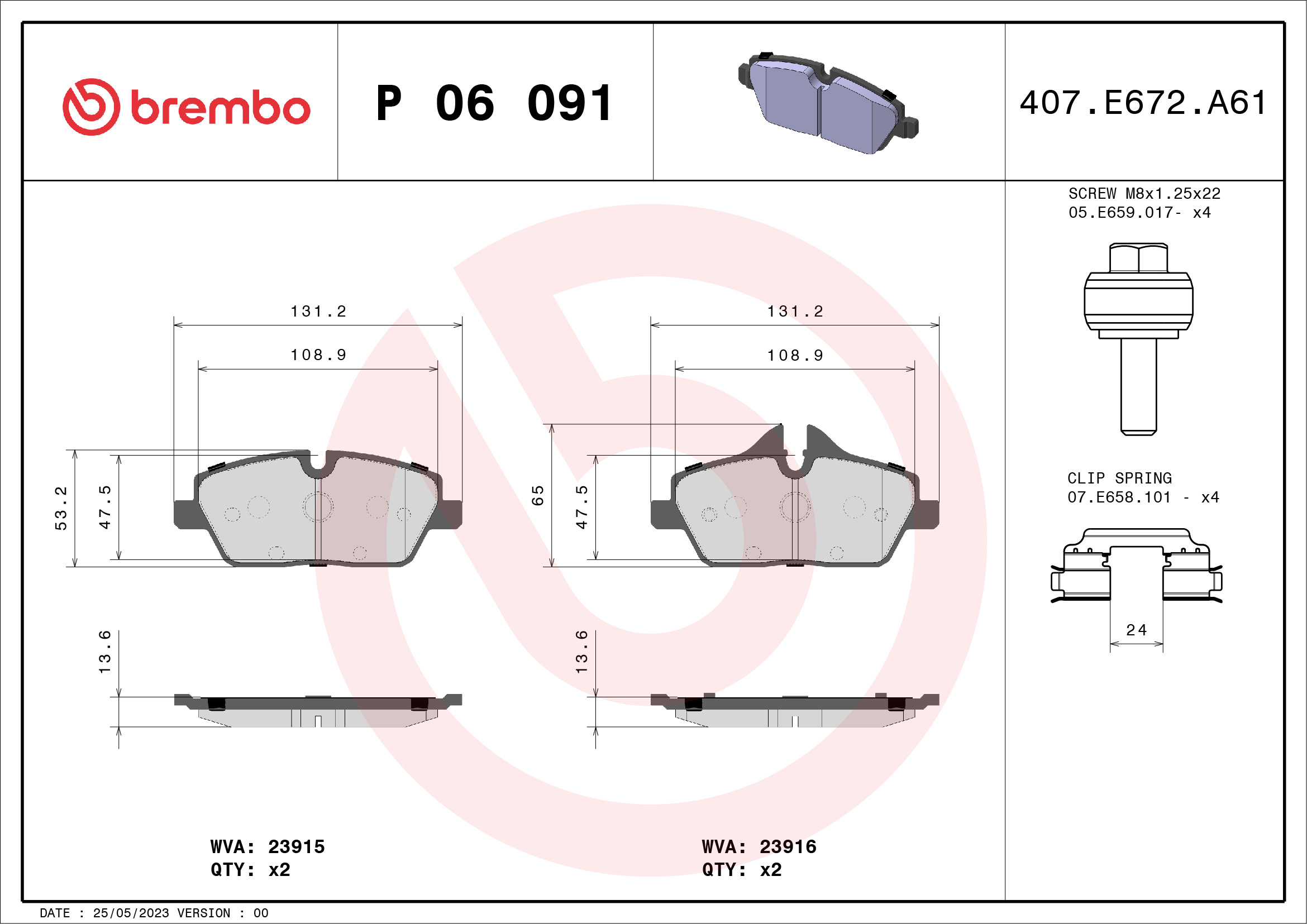 Brake Pad Set, disc brake - P 06 091 BREMBO