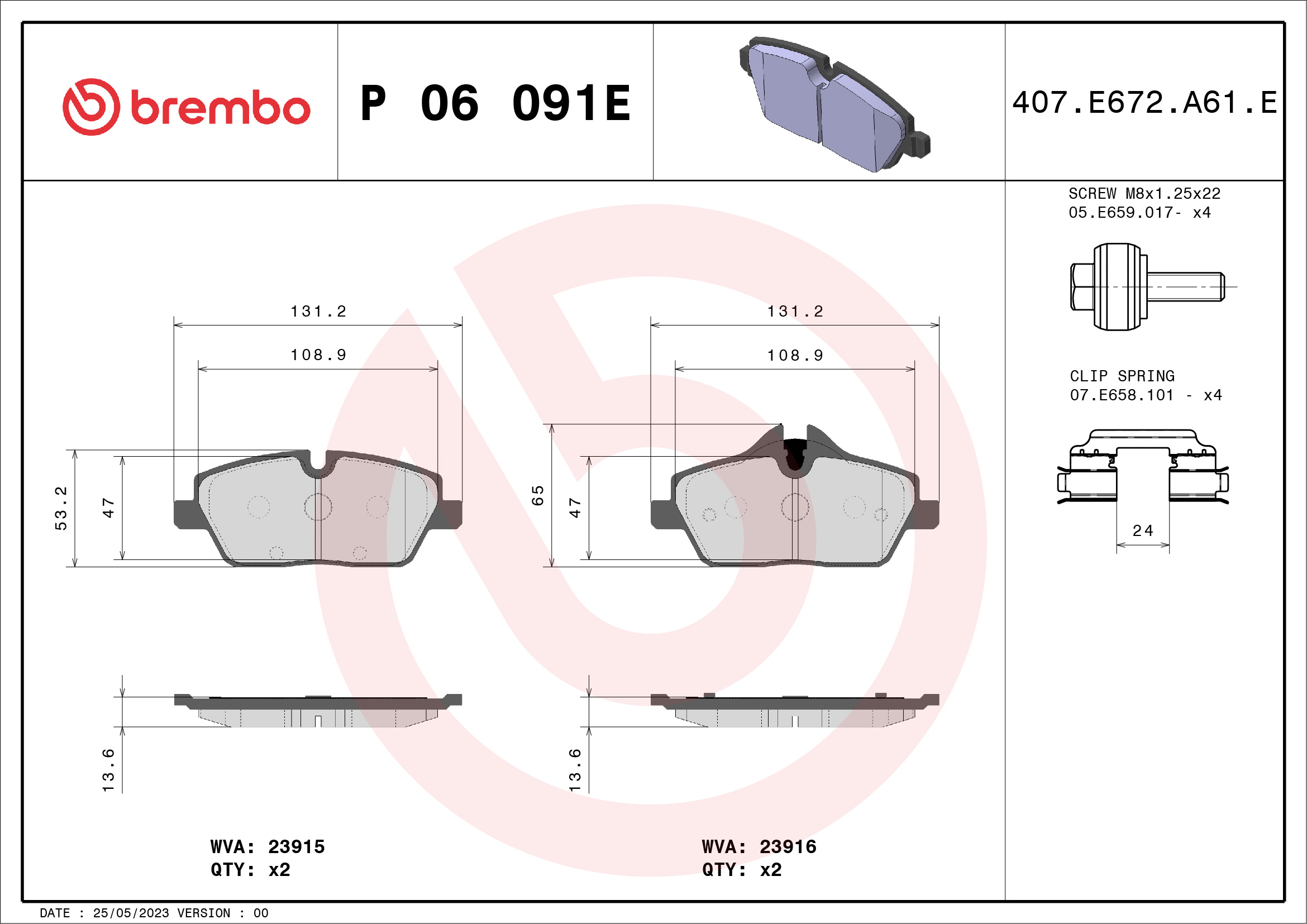 Brake Pad Set, disc brake - P 06 091E BREMBO