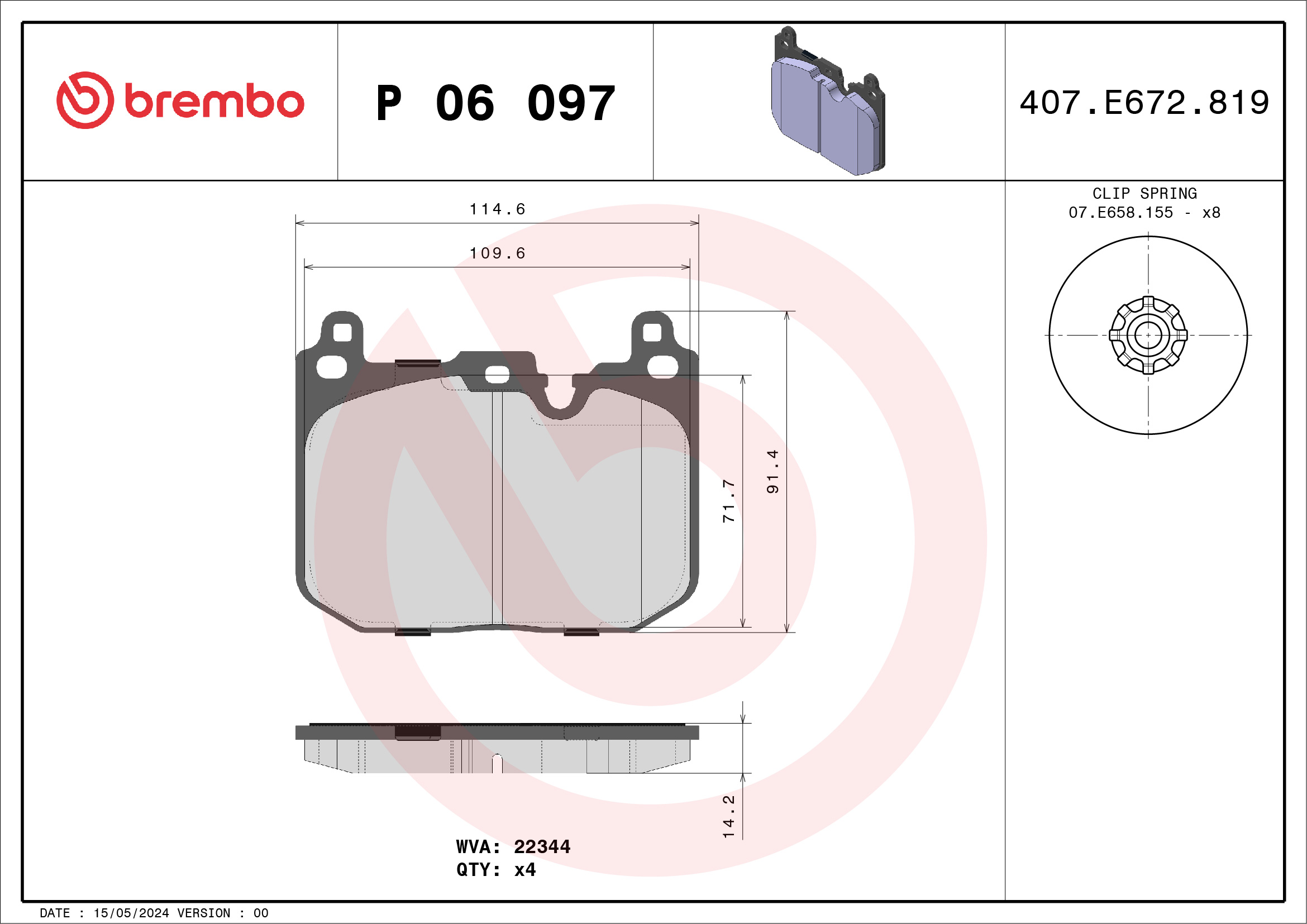 stabdžių trinkelių rinkinys, diskinis stabdys - P 06 097 BREMBO