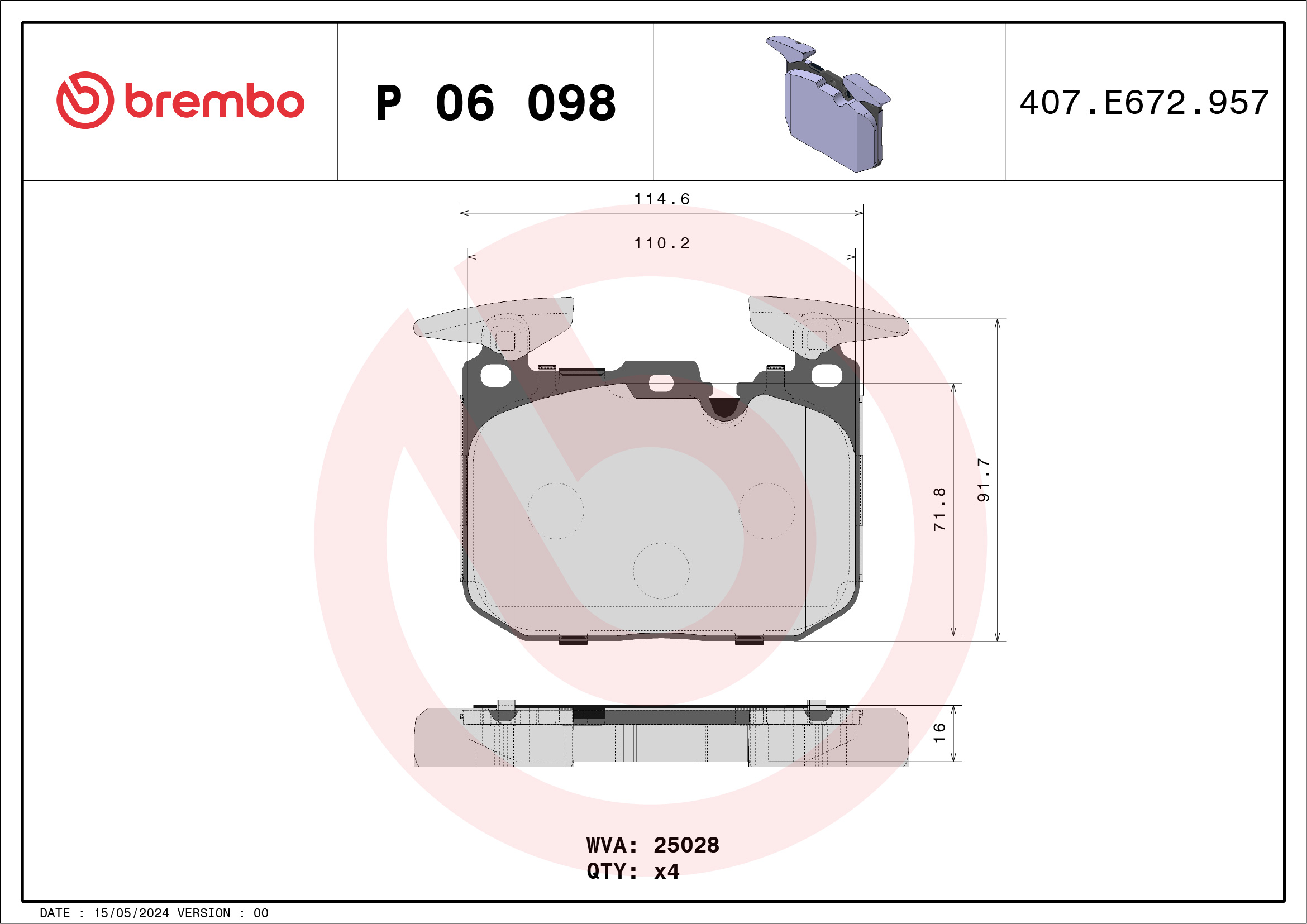 Kit pastiglie freno, Freno a disco - P 06 098 BREMBO