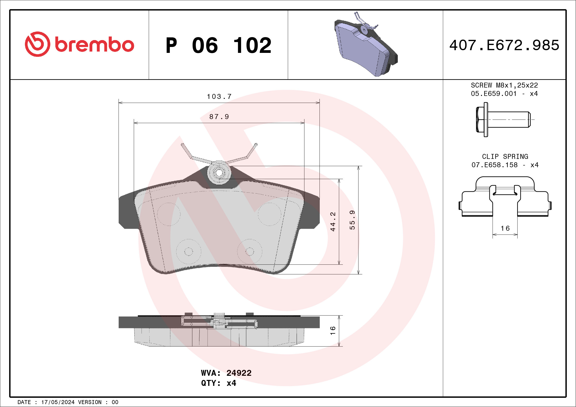 Brake Pad Set, disc brake - P 06 102 BREMBO