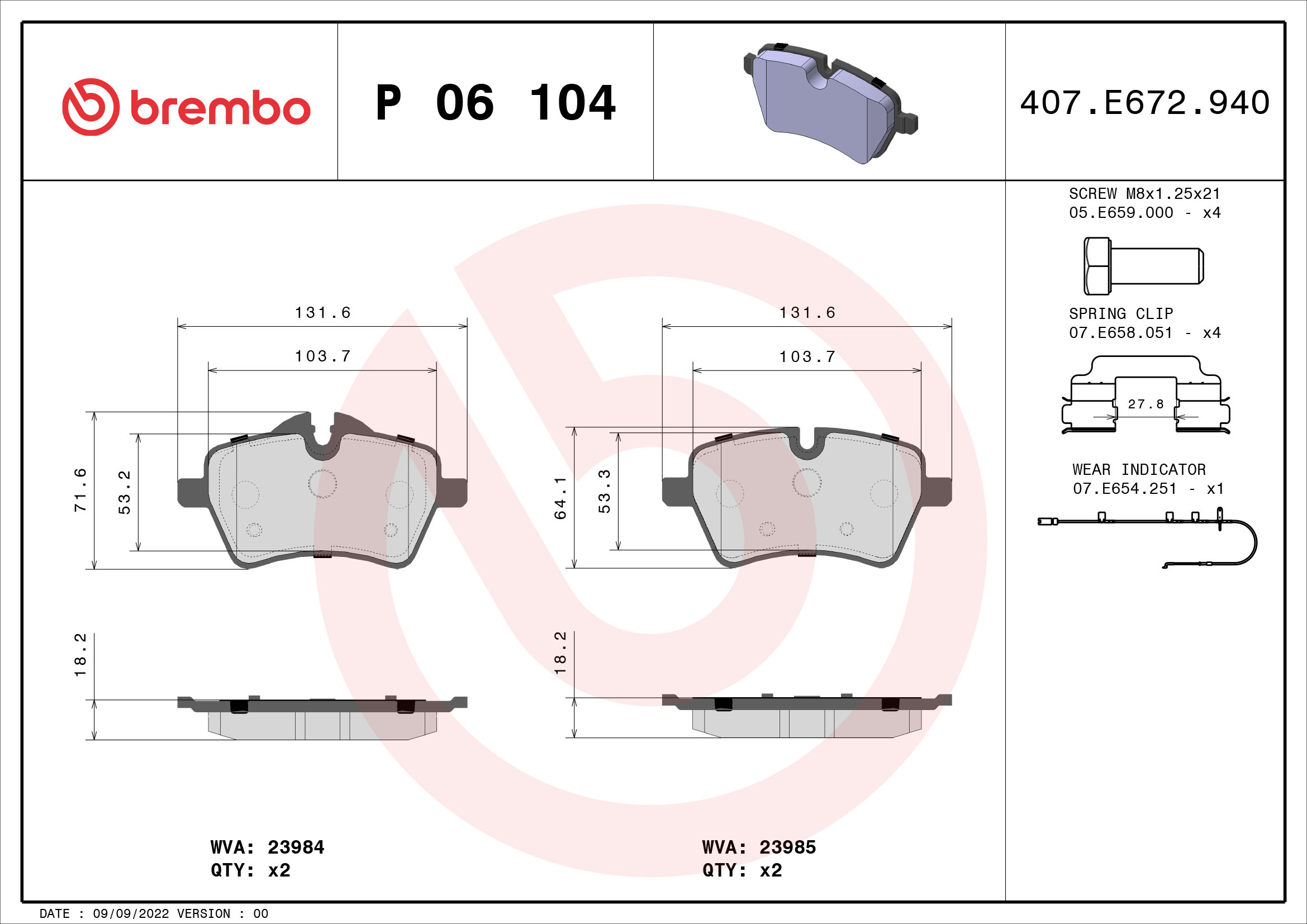 Brake Pad Set, disc brake - P 06 104 BREMBO