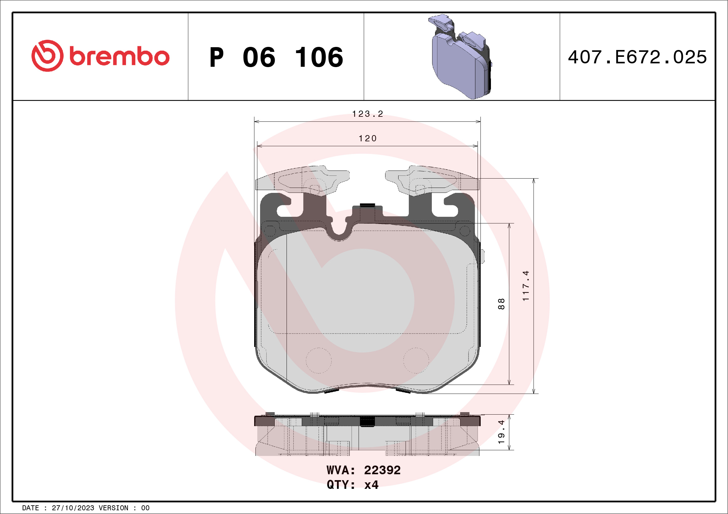 Brake Pad Set, disc brake - P 06 106 BREMBO
