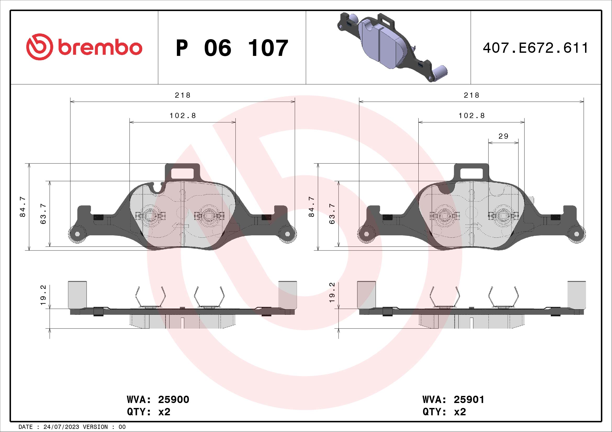 Brake Pad Set, disc brake - P 06 107 BREMBO