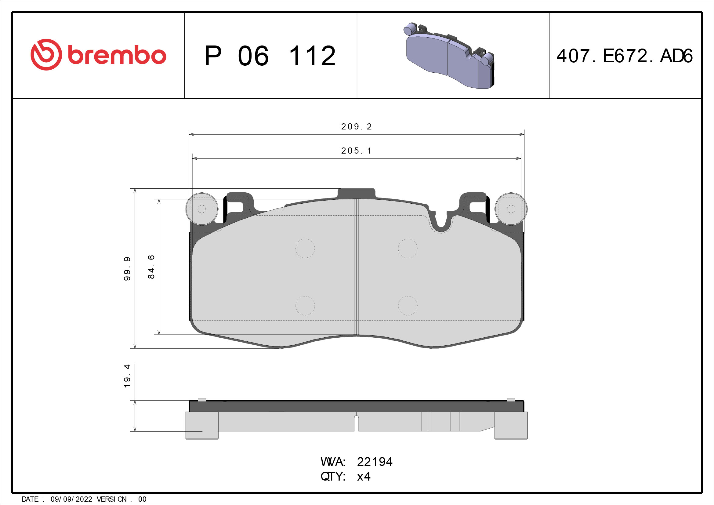 Brake Pad Set, disc brake - P 06 112 BREMBO