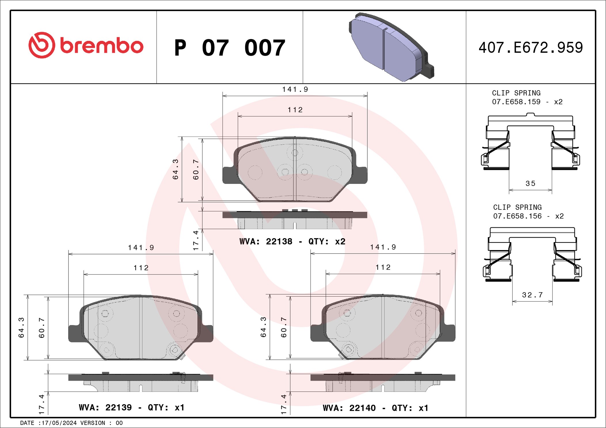 Brake Pad Set, disc brake - P 07 007 BREMBO