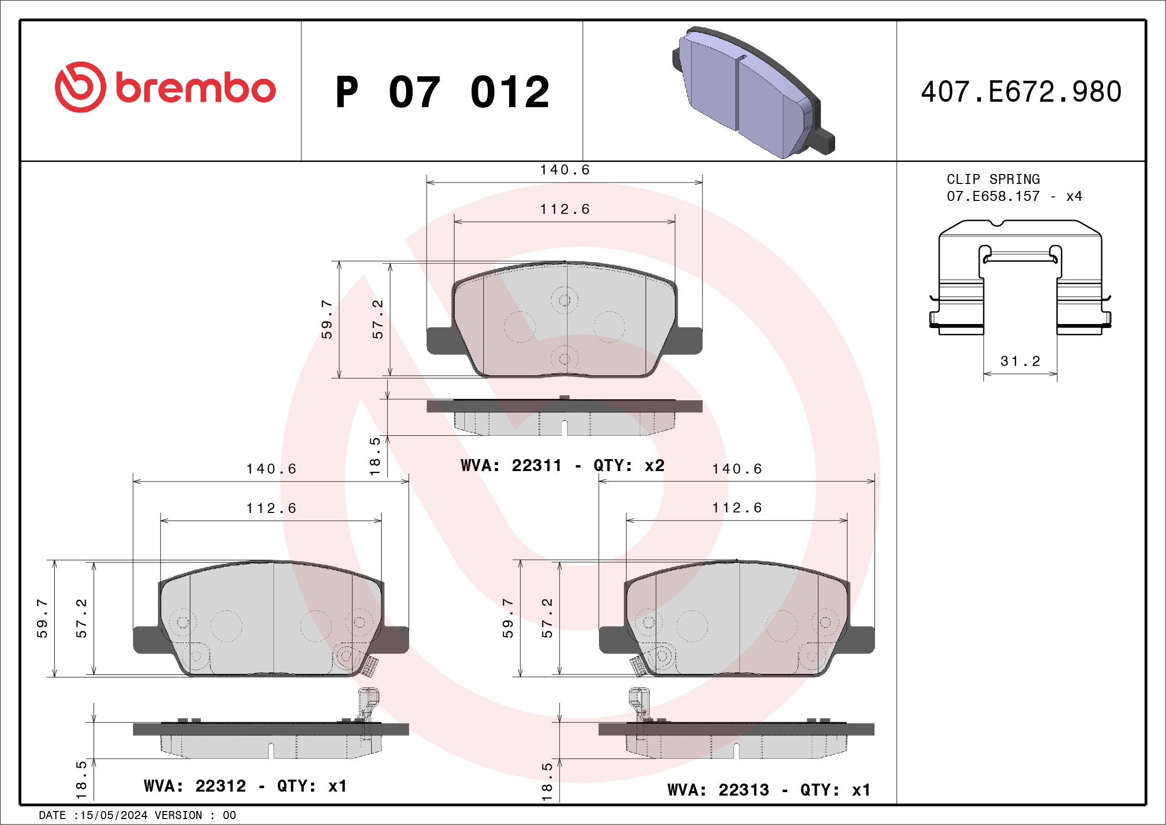 Комплект тормозных колодок, дисковый тормоз - P 07 012 BREMBO