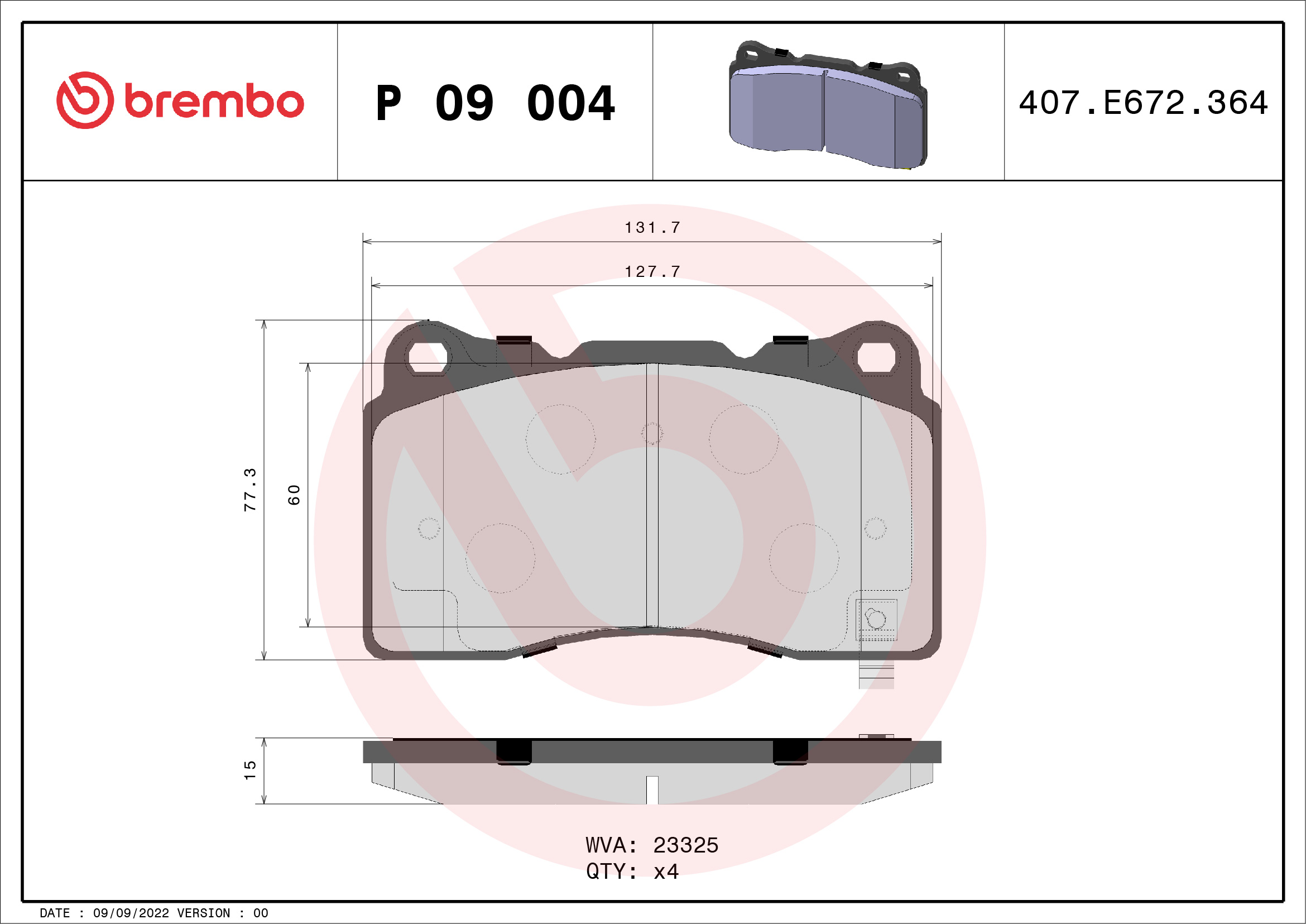 Brake Pad Set, disc brake - P 09 004 BREMBO