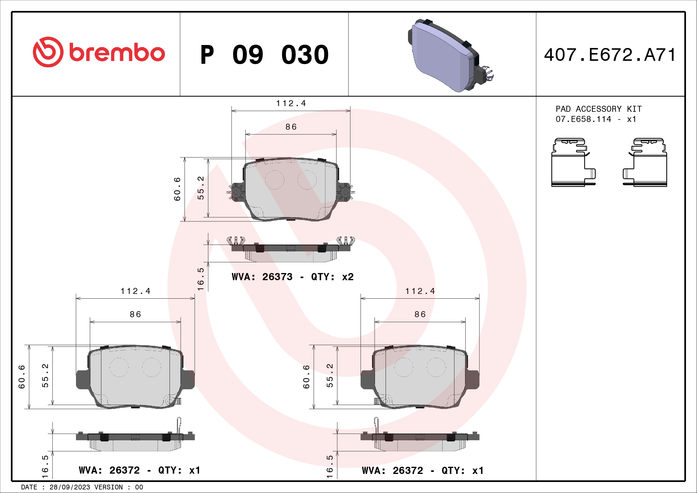 Комплект тормозных колодок, дисковый тормоз - P 09 030 BREMBO