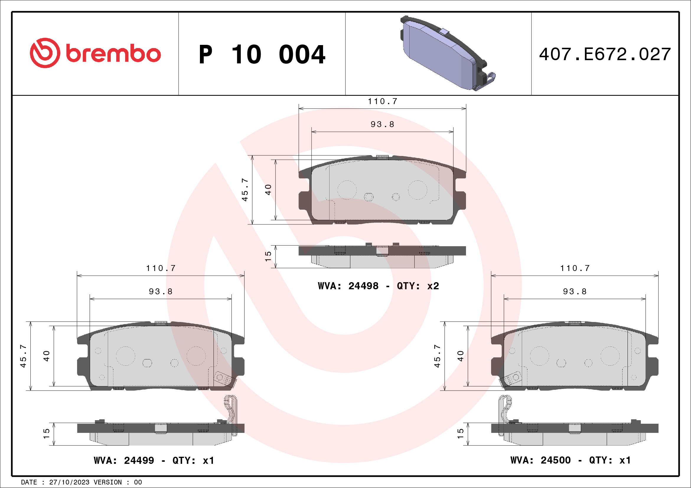 Brake Pad Set, disc brake - P 10 004 BREMBO