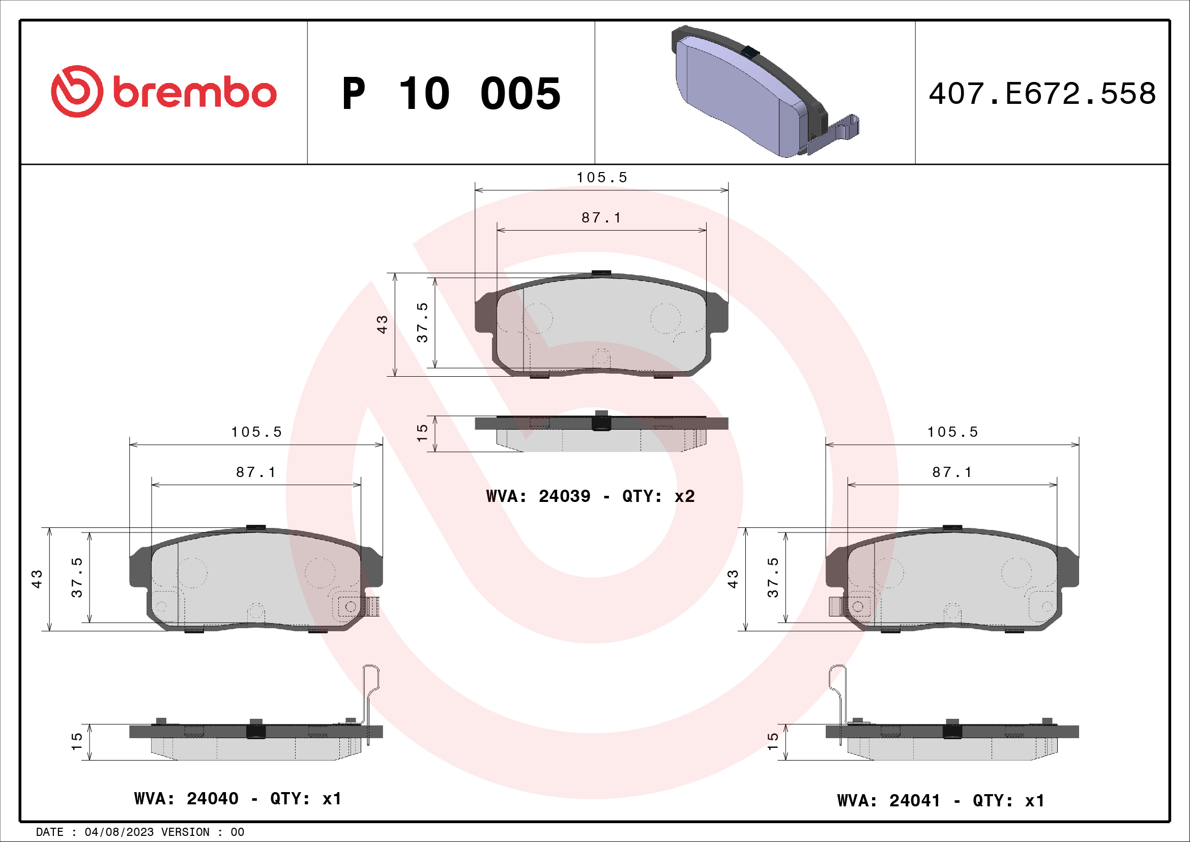 Kit pastiglie freno, Freno a disco - P 10 005 BREMBO