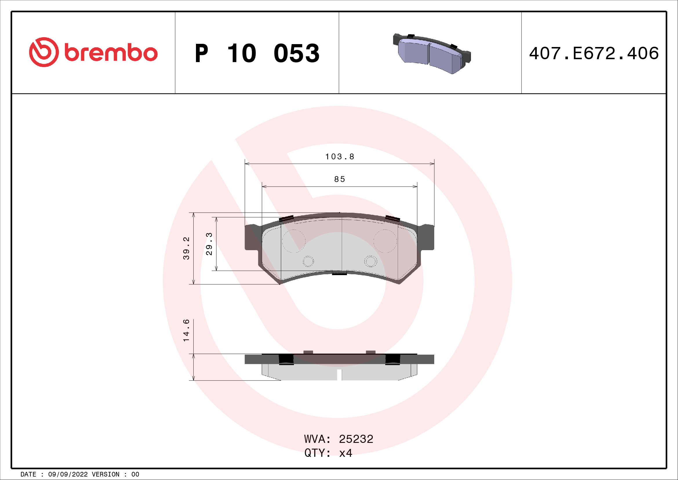 Brake Pad Set, disc brake - P 10 053 BREMBO