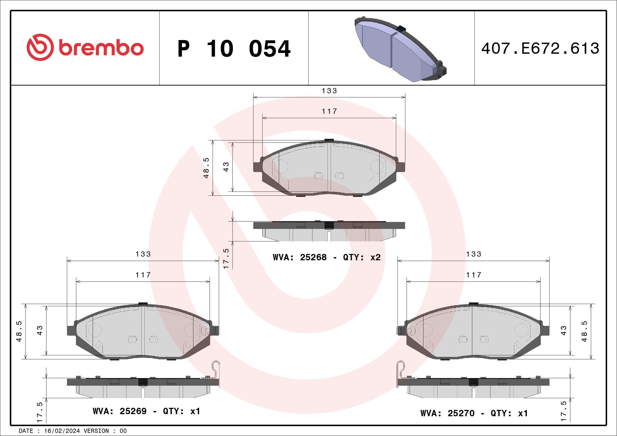 Brake Pad Set, disc brake - P 10 054 BREMBO