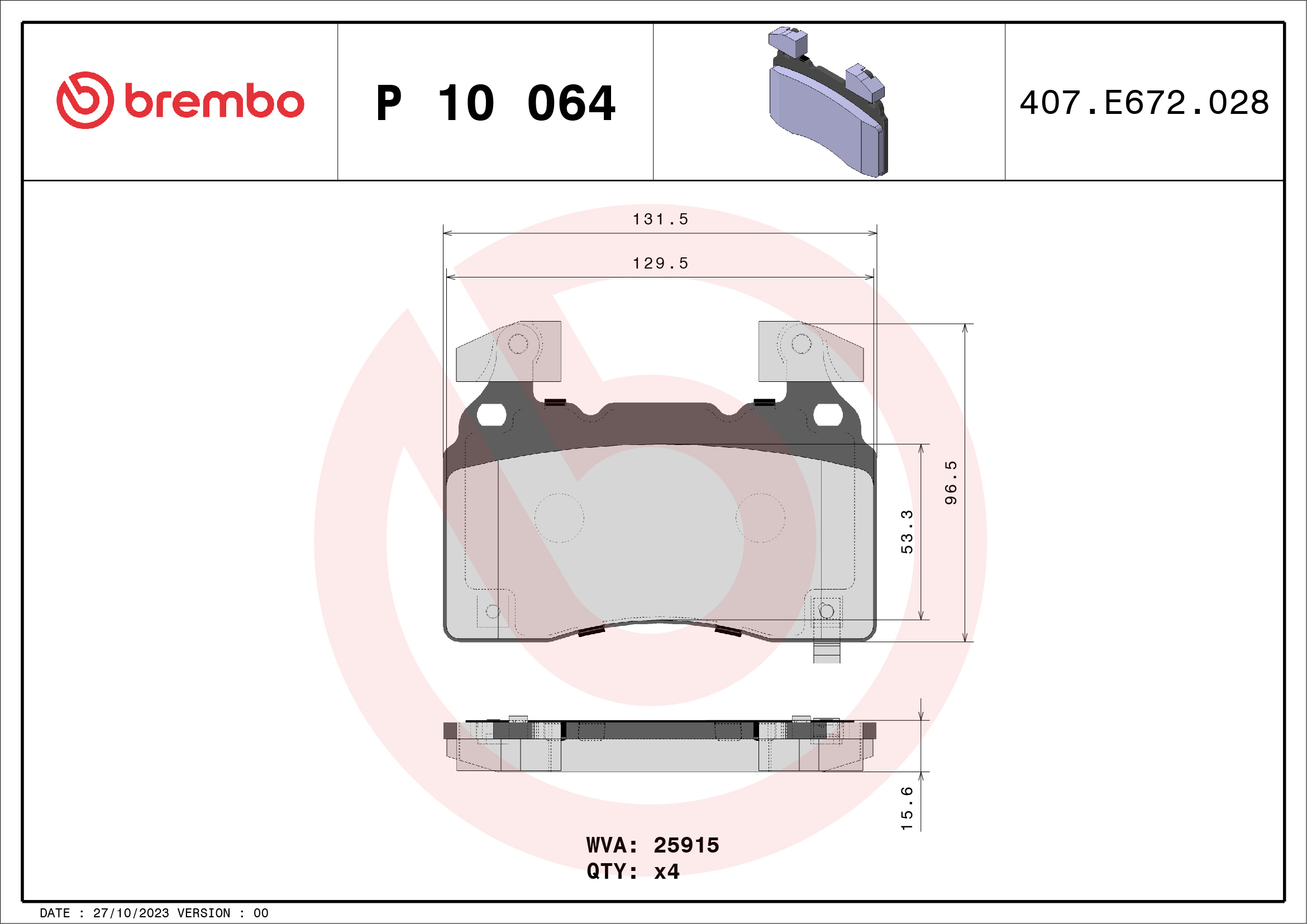 Комплект тормозных колодок, дисковый тормоз - P 10 064 BREMBO