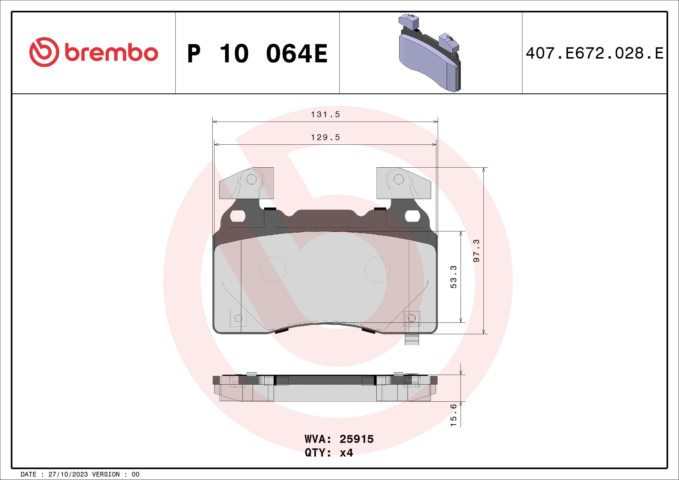 Brake Pad Set, disc brake - P 10 064E BREMBO