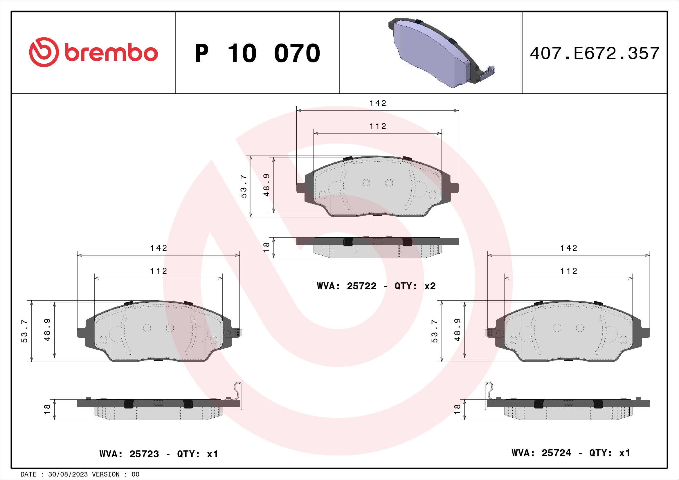 Brake Pad Set, disc brake - P 10 070 BREMBO