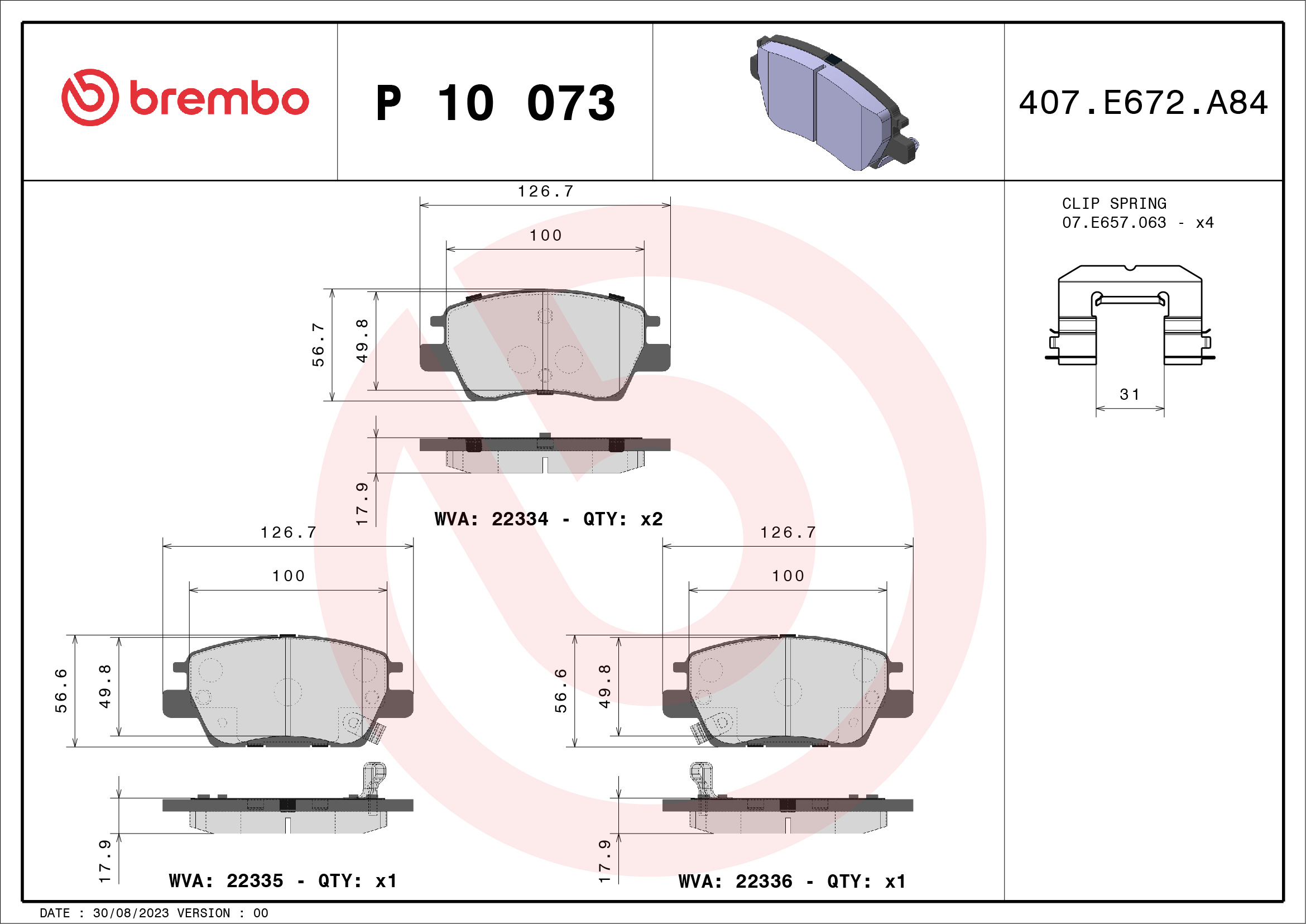 Brake Pad Set, disc brake - P 10 073 BREMBO