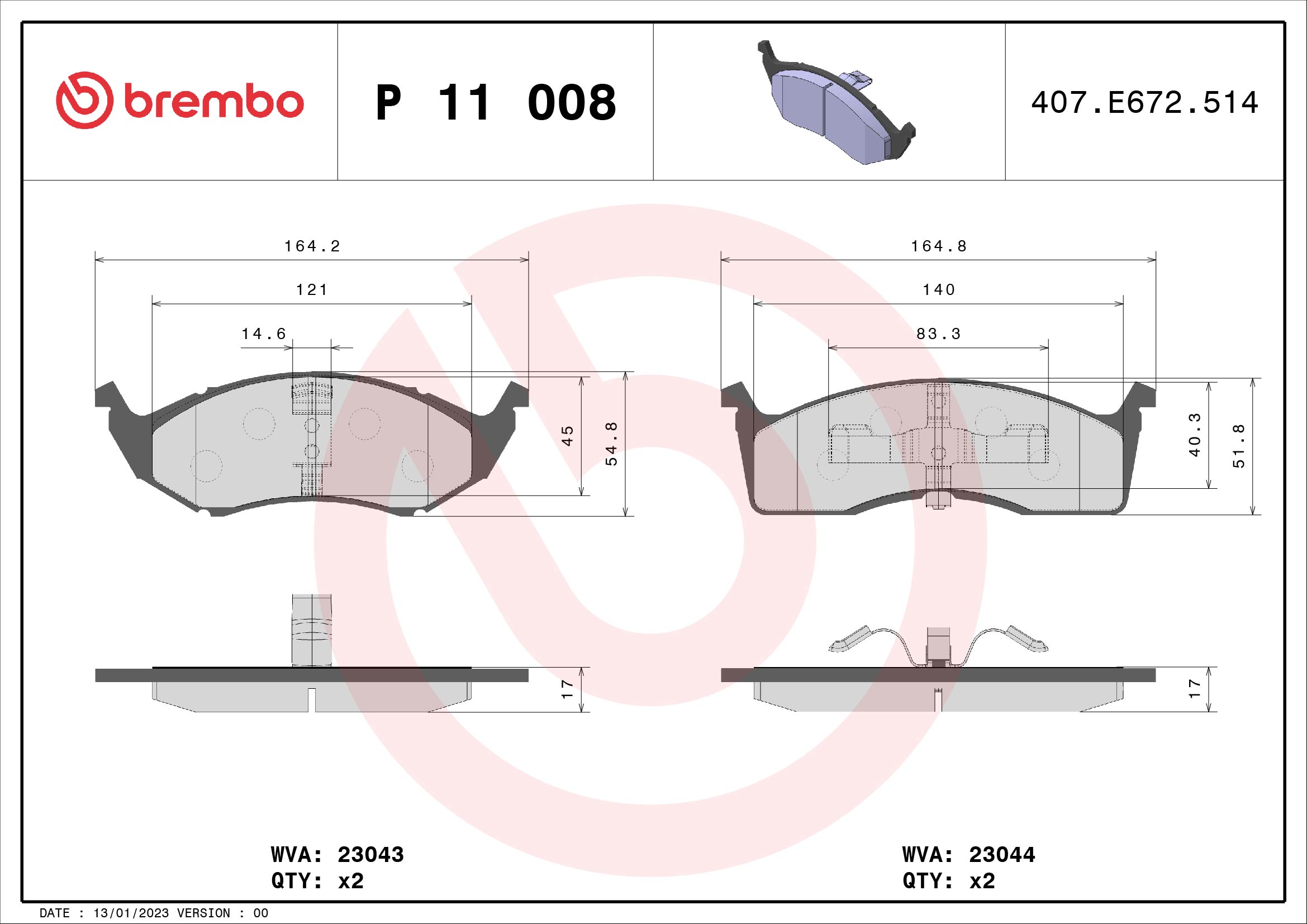Brake Pad Set, disc brake - P 11 008 BREMBO