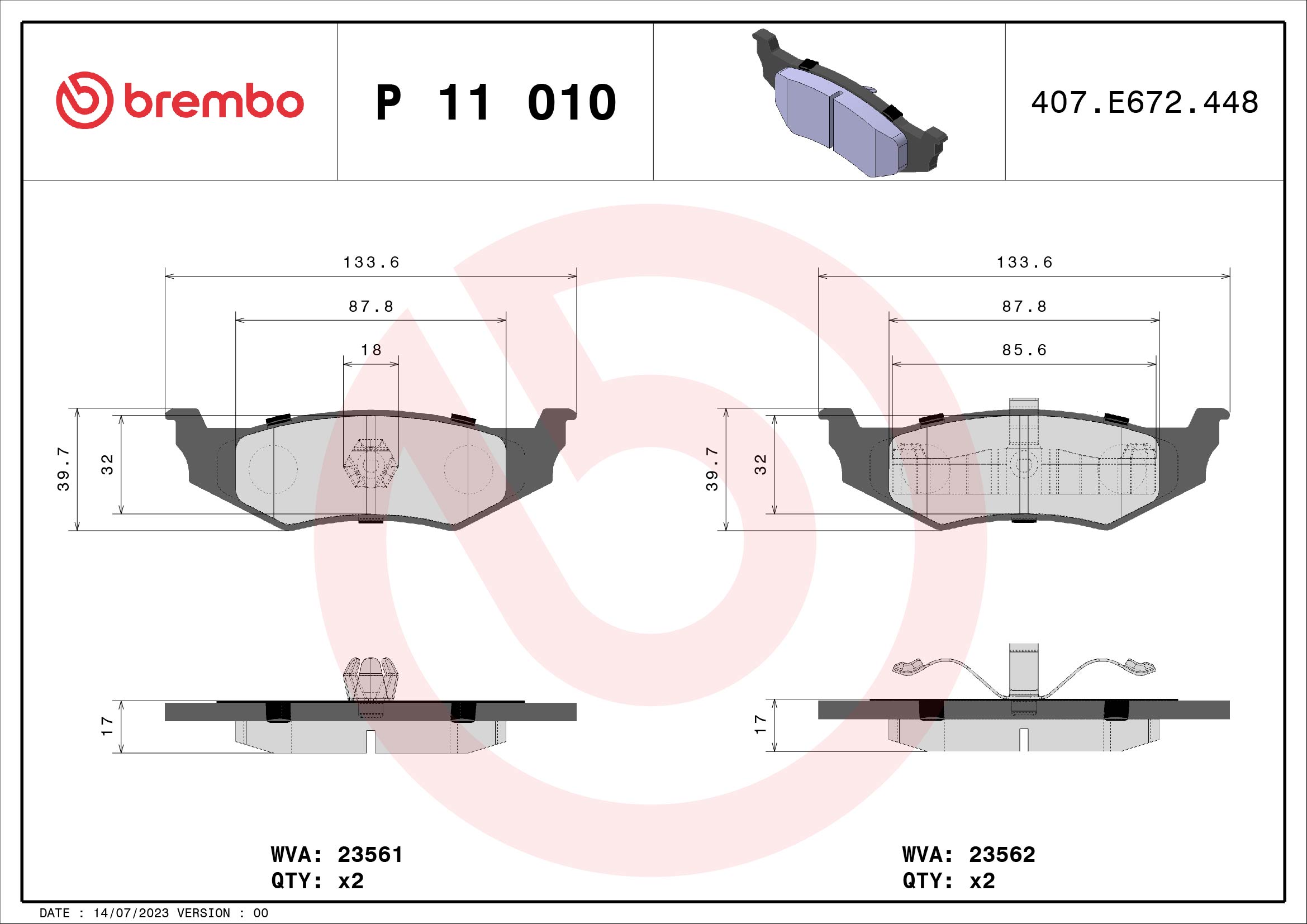 Brake Pad Set, disc brake - P 11 010 BREMBO