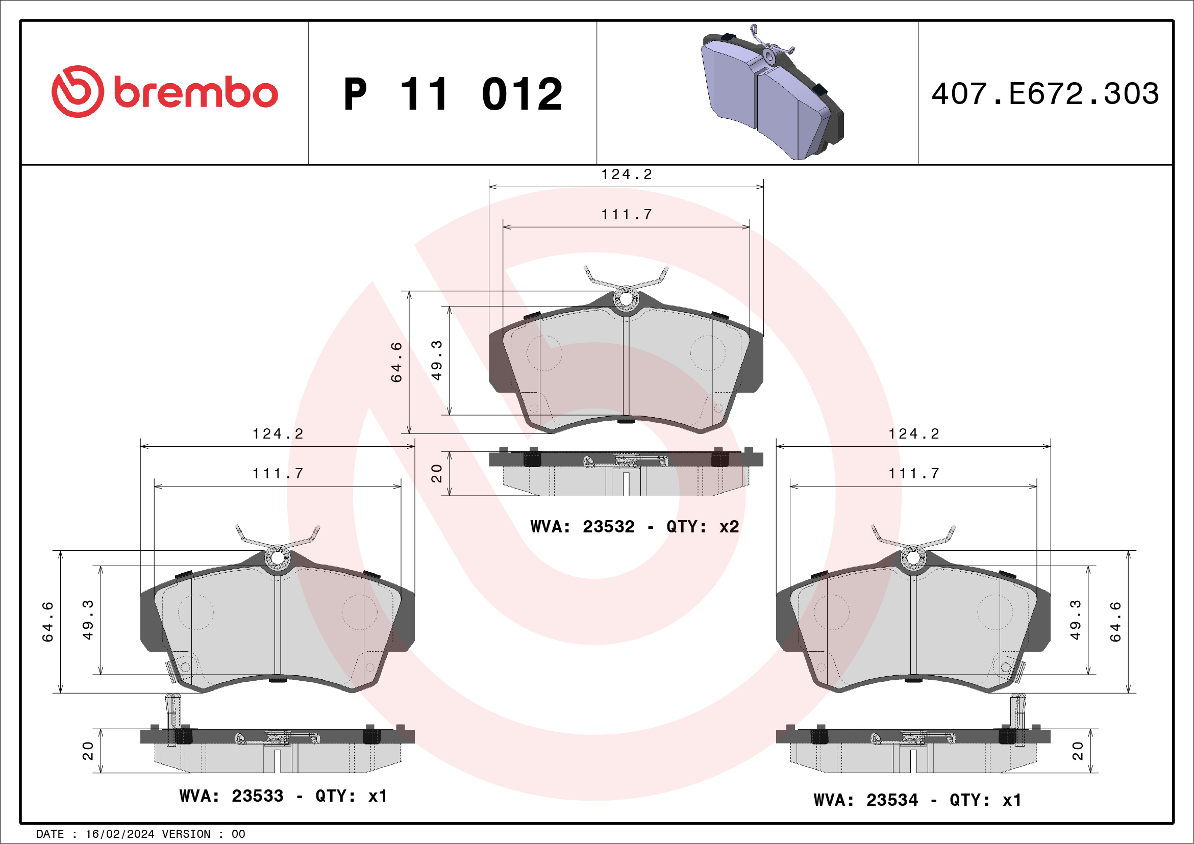 Комплект тормозных колодок, дисковый тормоз - P 11 012 BREMBO