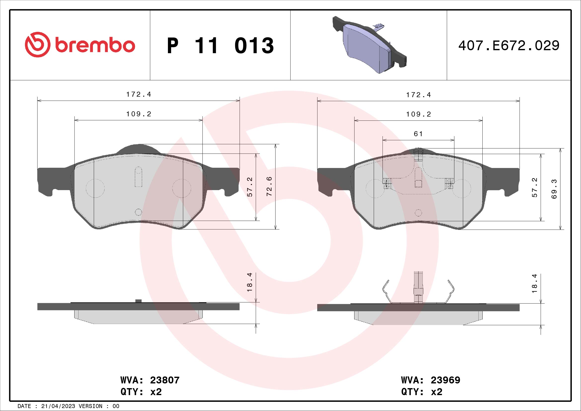 stabdžių trinkelių rinkinys, diskinis stabdys - P 11 013 BREMBO