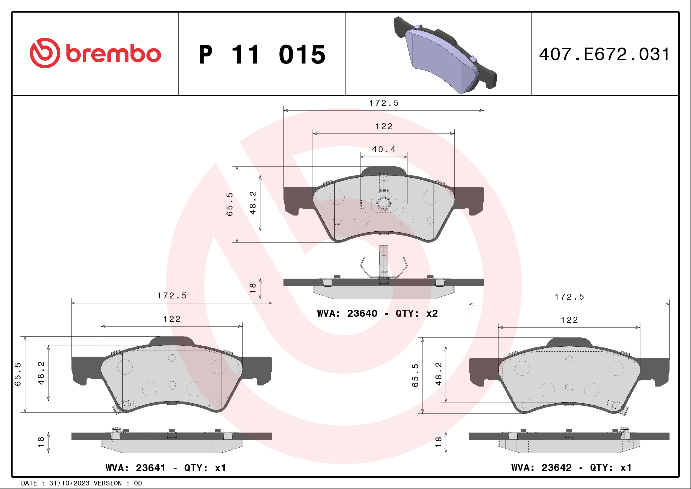Комплект тормозных колодок, дисковый тормоз - P 11 015 BREMBO
