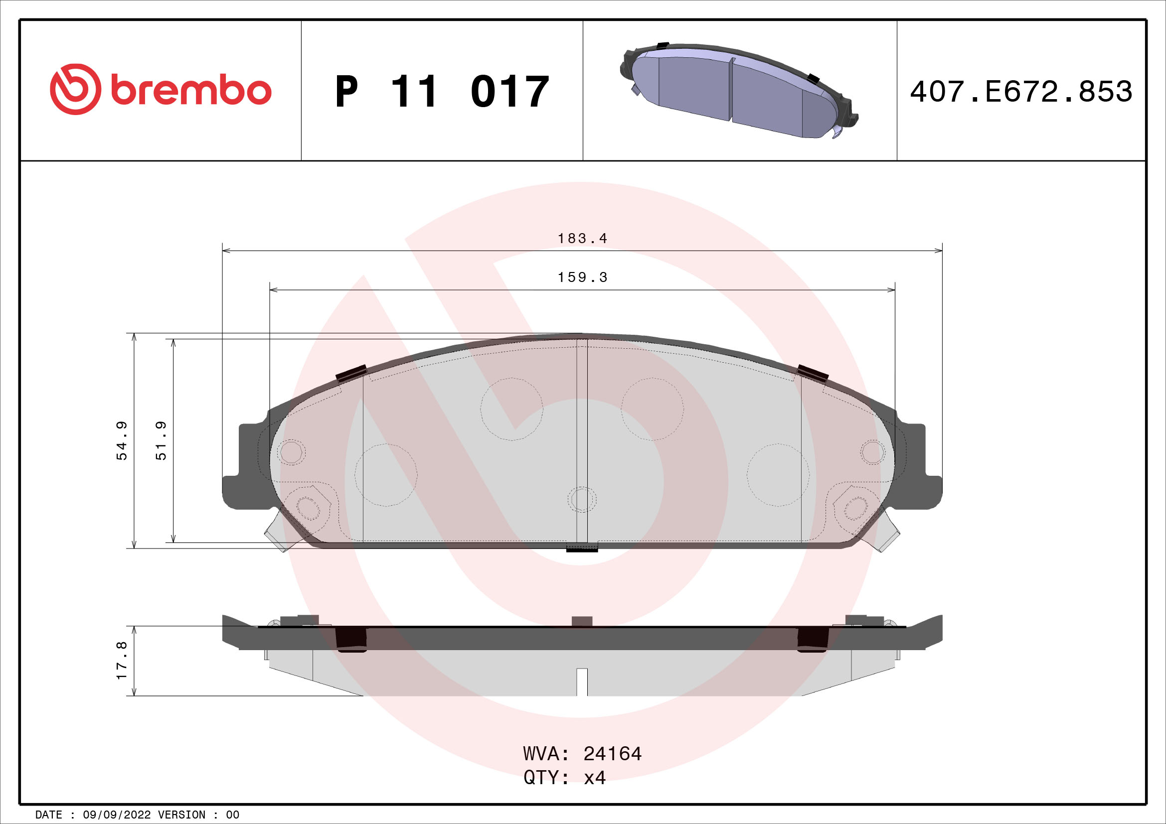 Brake Pad Set, disc brake - P 11 017 BREMBO