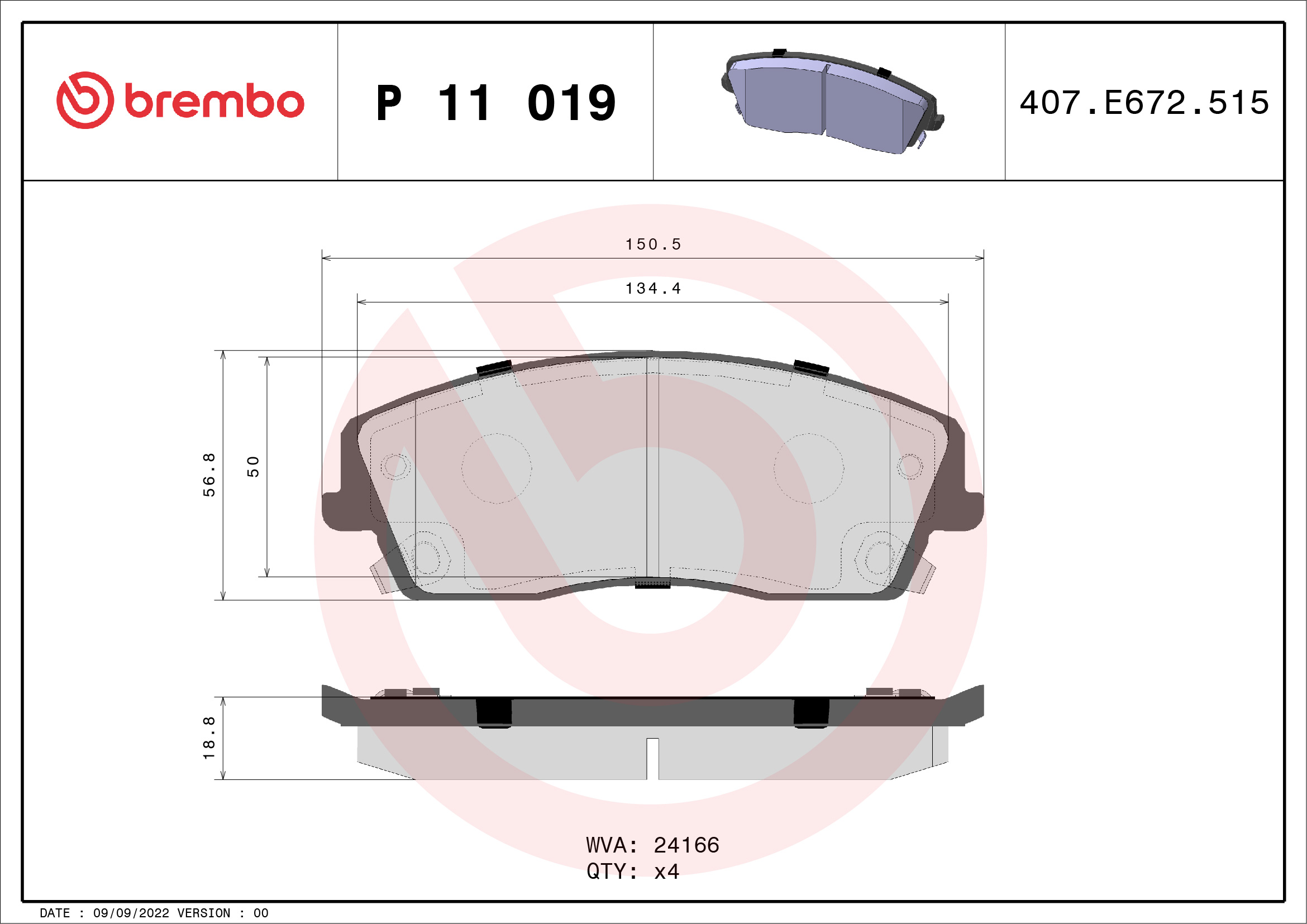 Brake Pad Set, disc brake - P 11 019 BREMBO