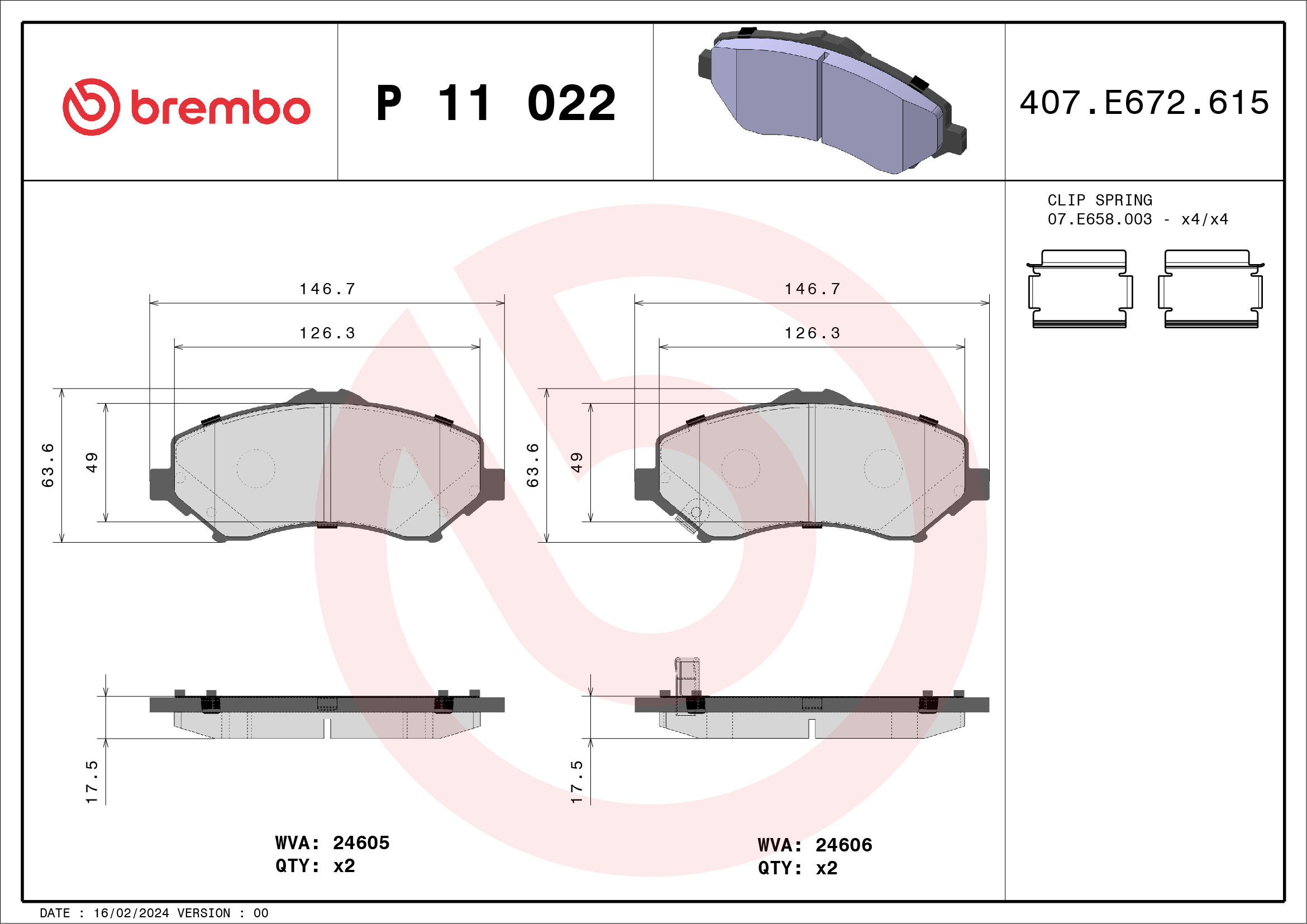 Комплект тормозных колодок, дисковый тормоз - P 11 022 BREMBO