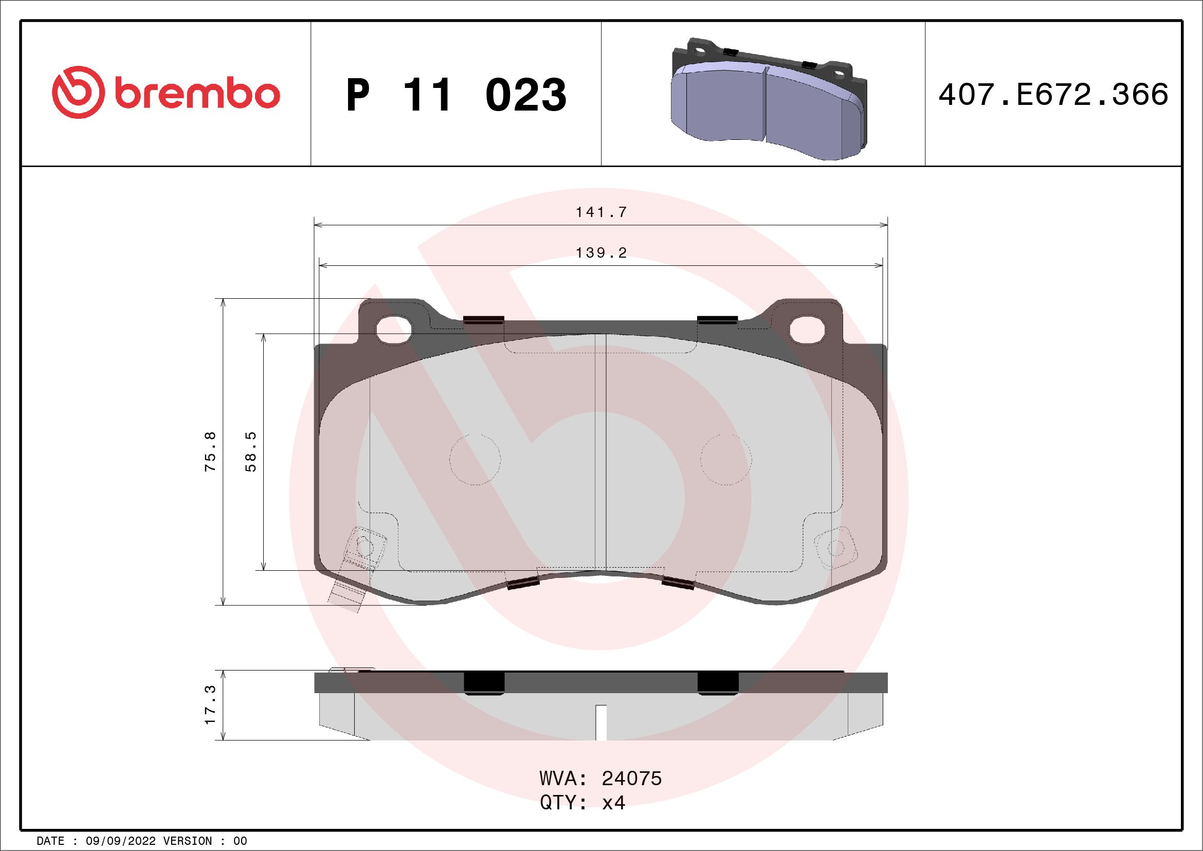 stabdžių trinkelių rinkinys, diskinis stabdys - P 11 023 BREMBO