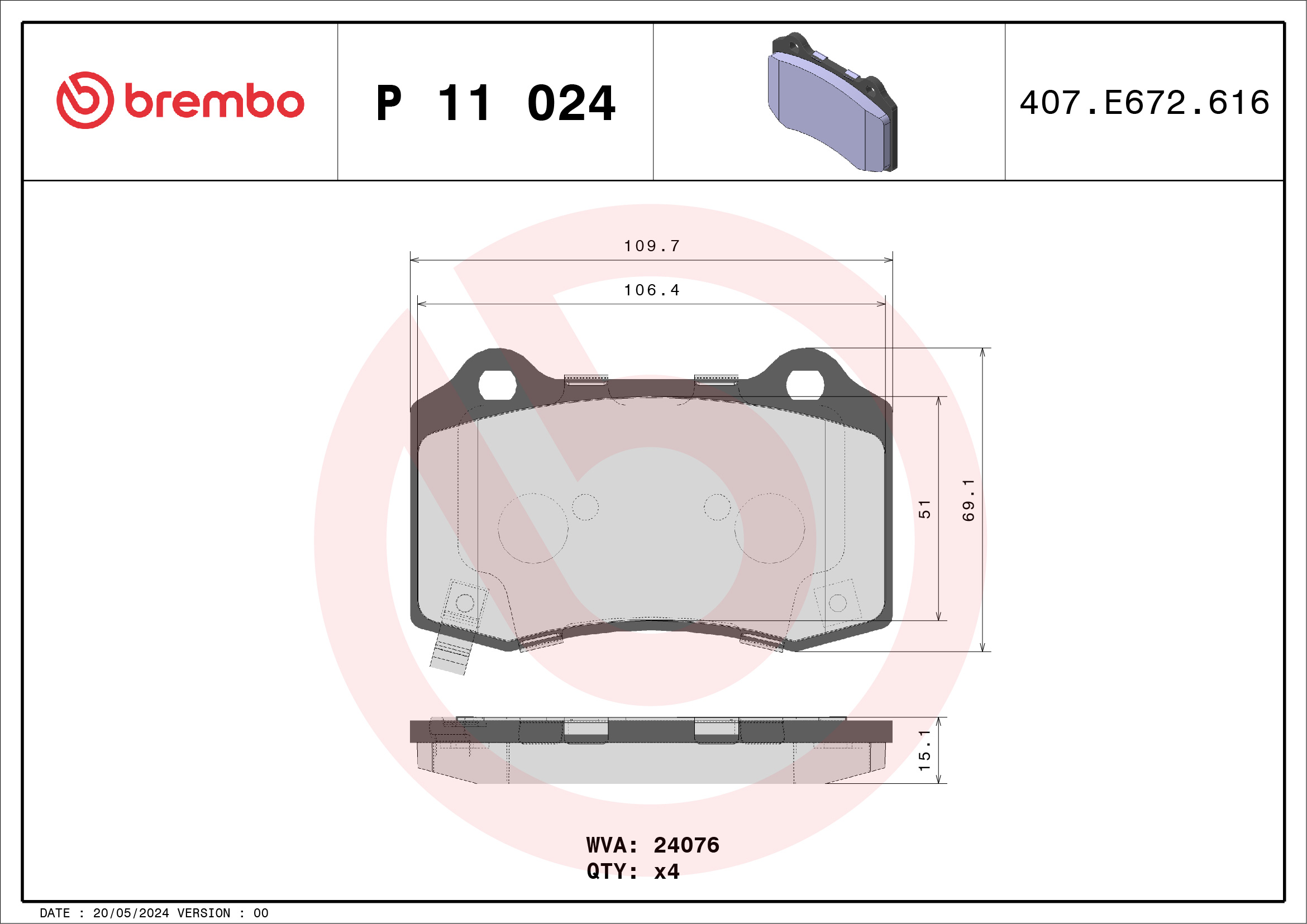 Kit pastiglie freno, Freno a disco - P 11 024 BREMBO