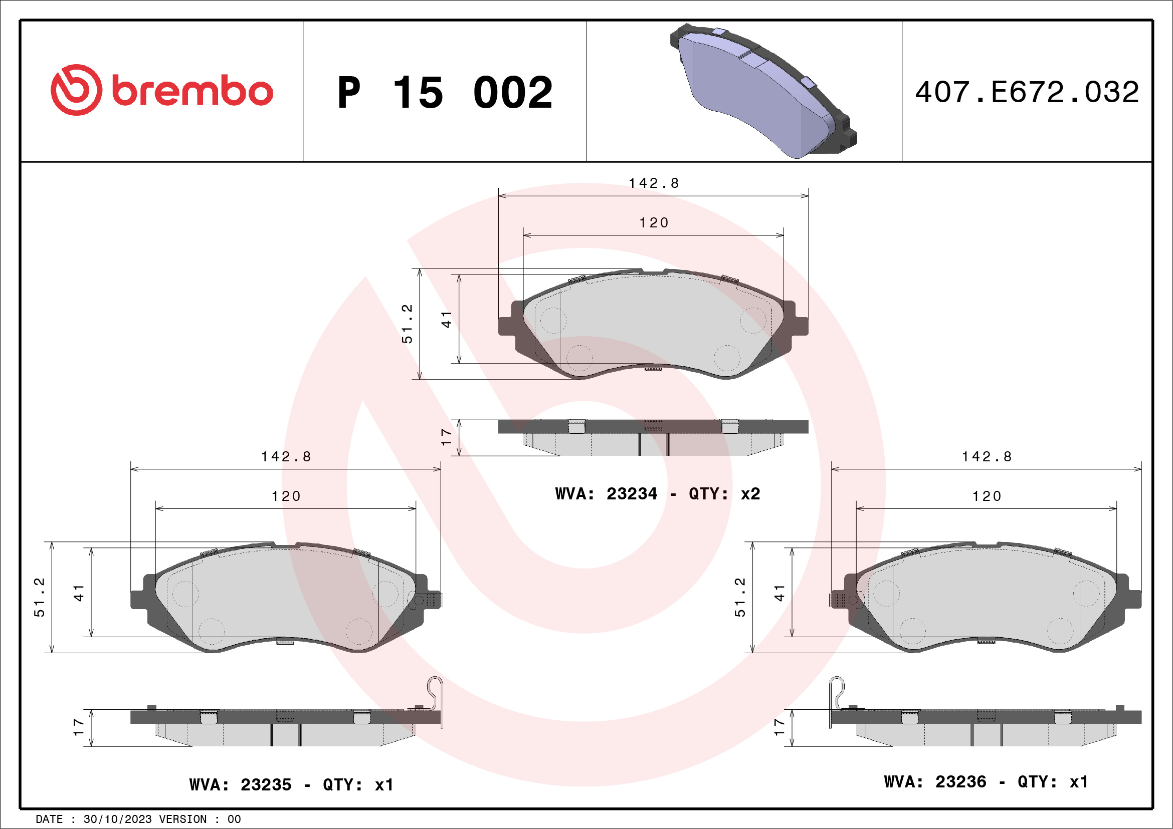 Комплект тормозных колодок, дисковый тормоз - P 15 002 BREMBO