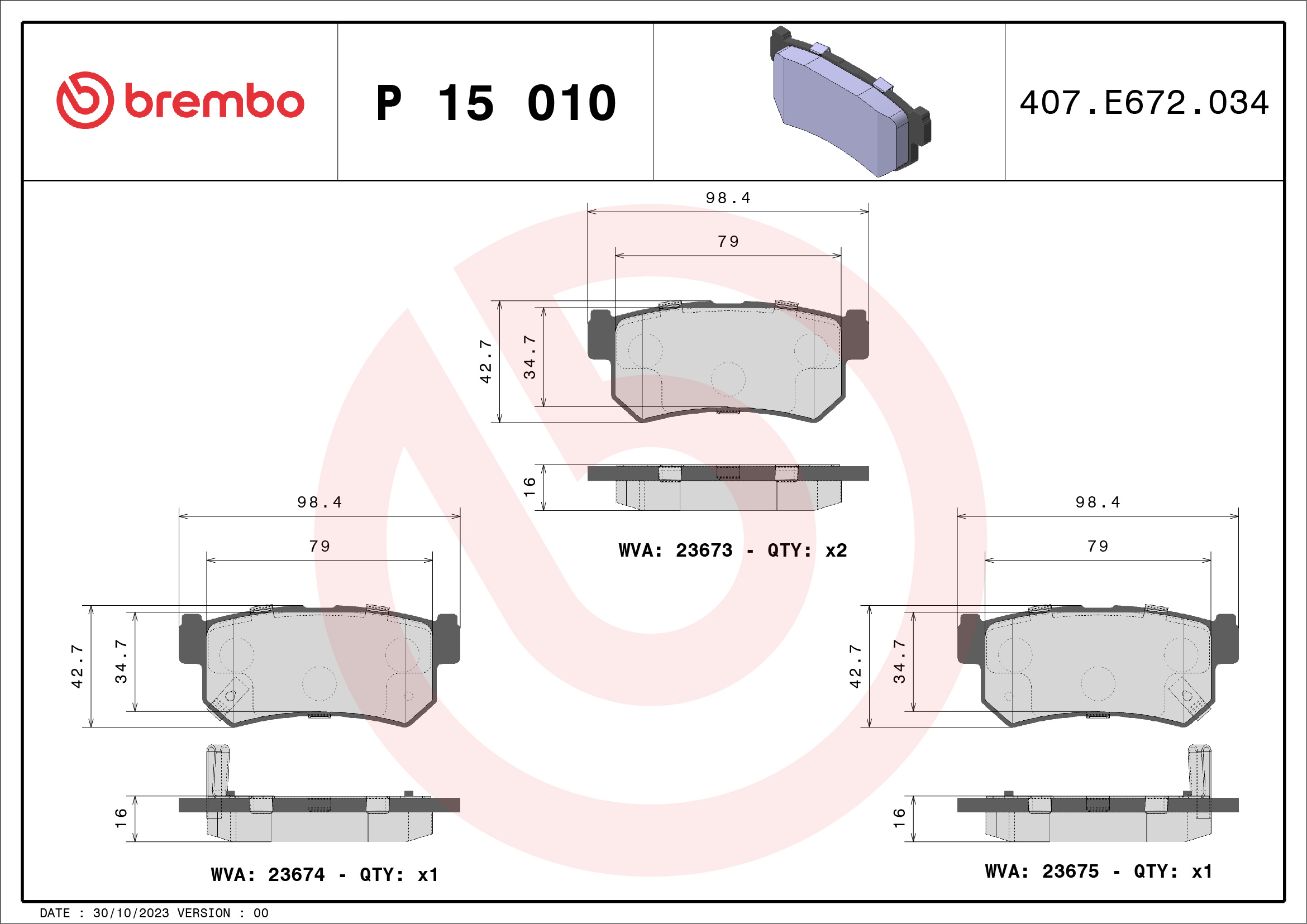 Brake Pad Set, disc brake - P 15 010 BREMBO