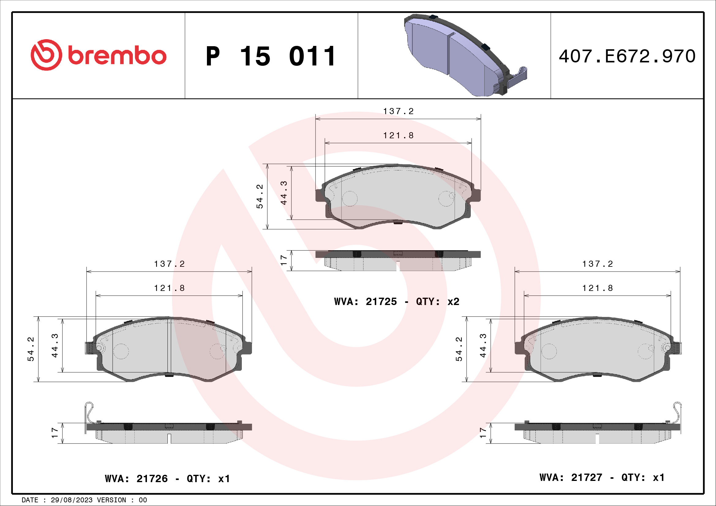 Brake Pad Set, disc brake - P 15 011 BREMBO
