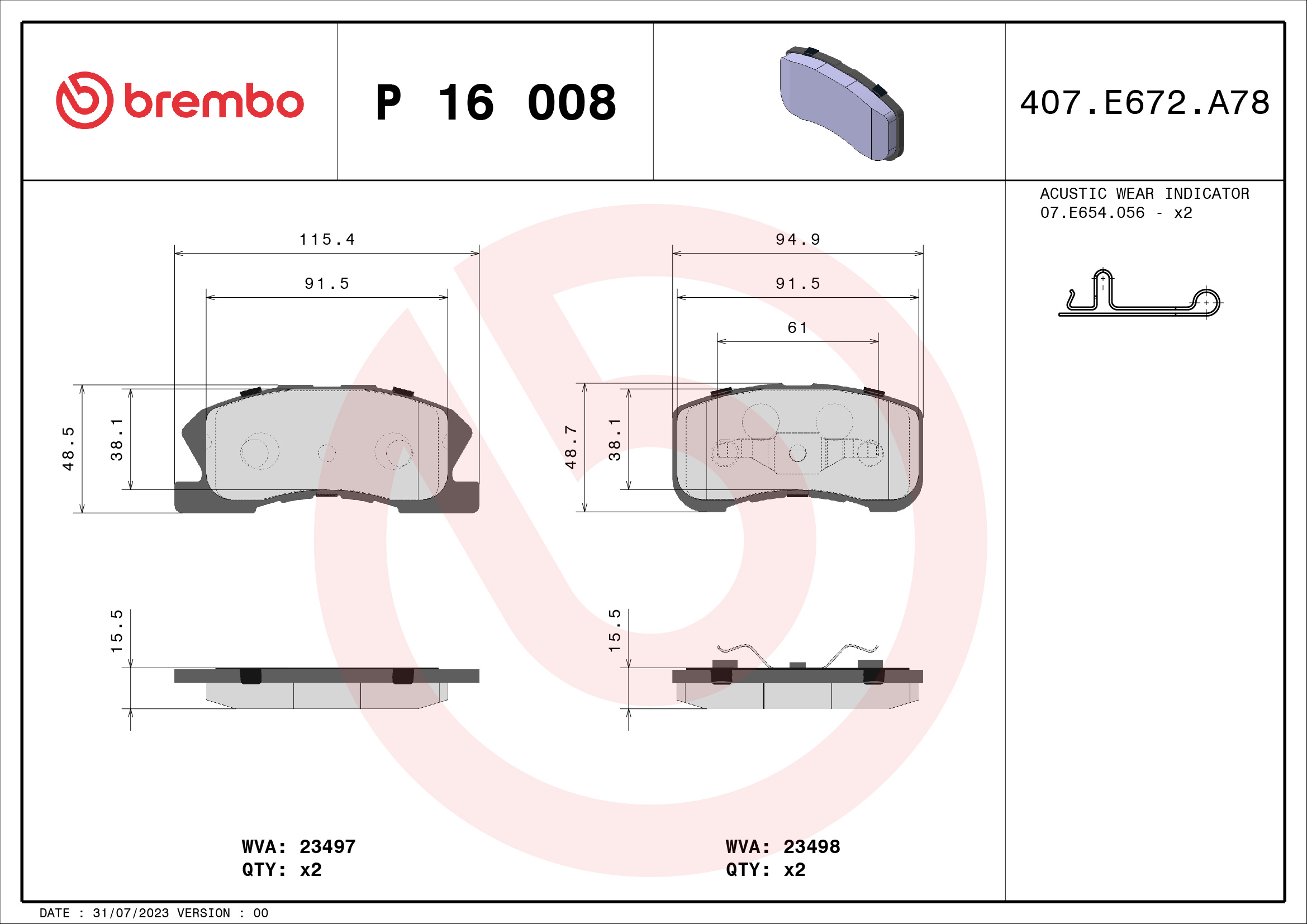 Kit pastiglie freno, Freno a disco - P 16 008 BREMBO