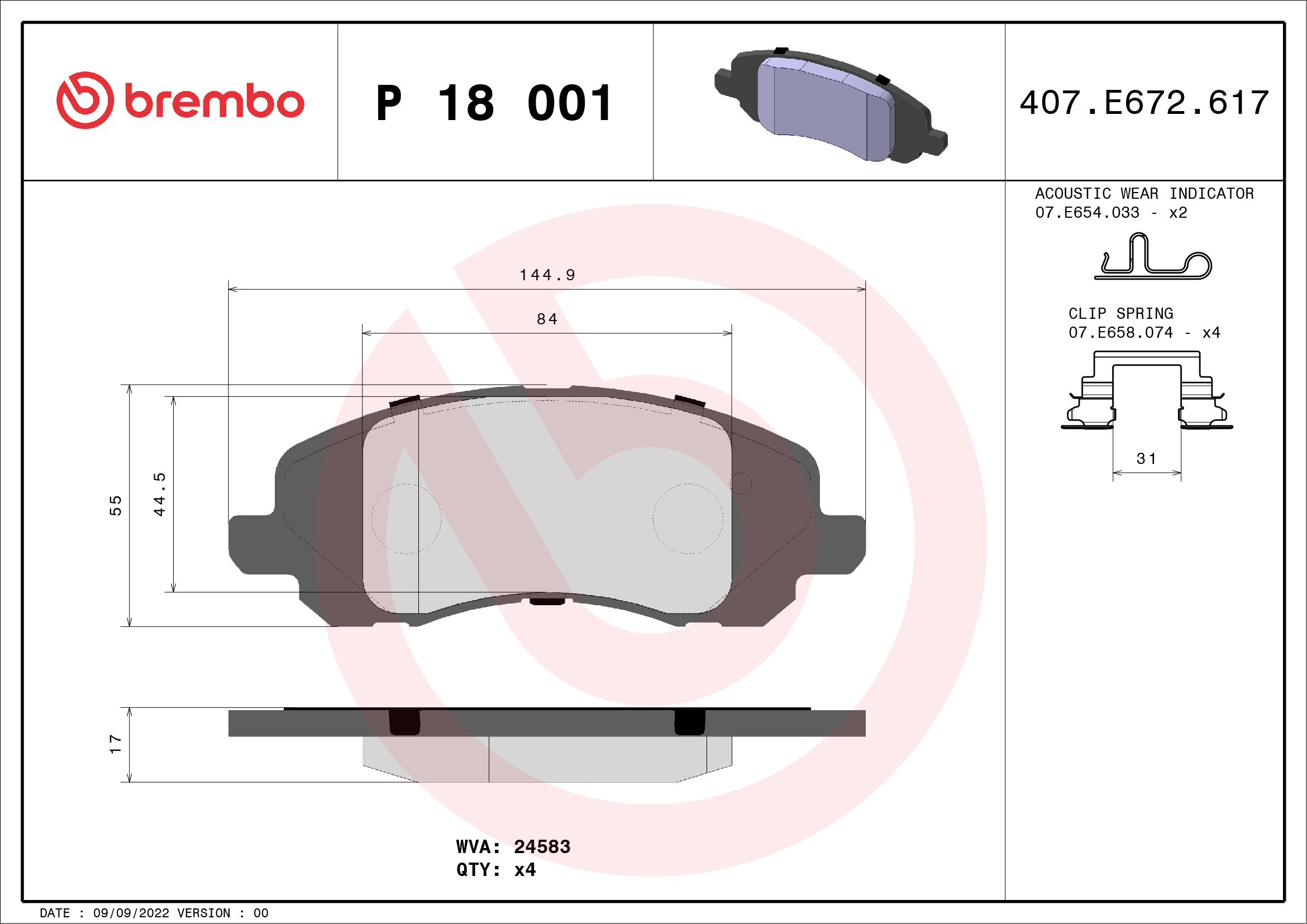Brake Pad Set, disc brake - P 18 001 BREMBO