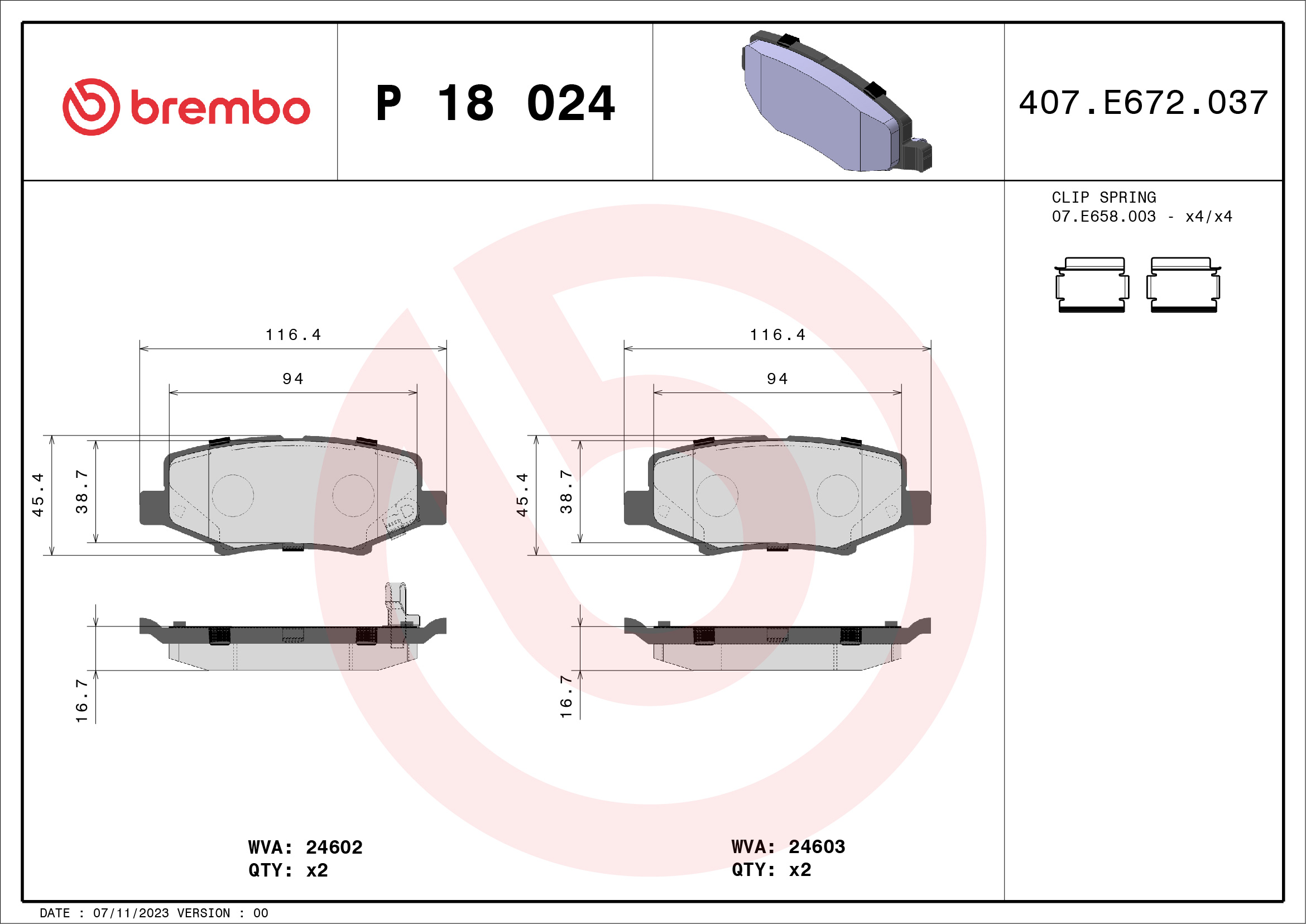 Brake Pad Set, disc brake - P 18 024 BREMBO