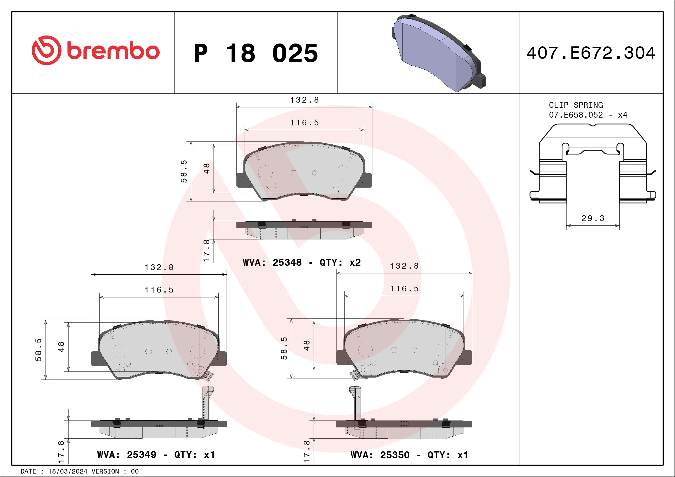 stabdžių trinkelių rinkinys, diskinis stabdys - P 18 025 BREMBO