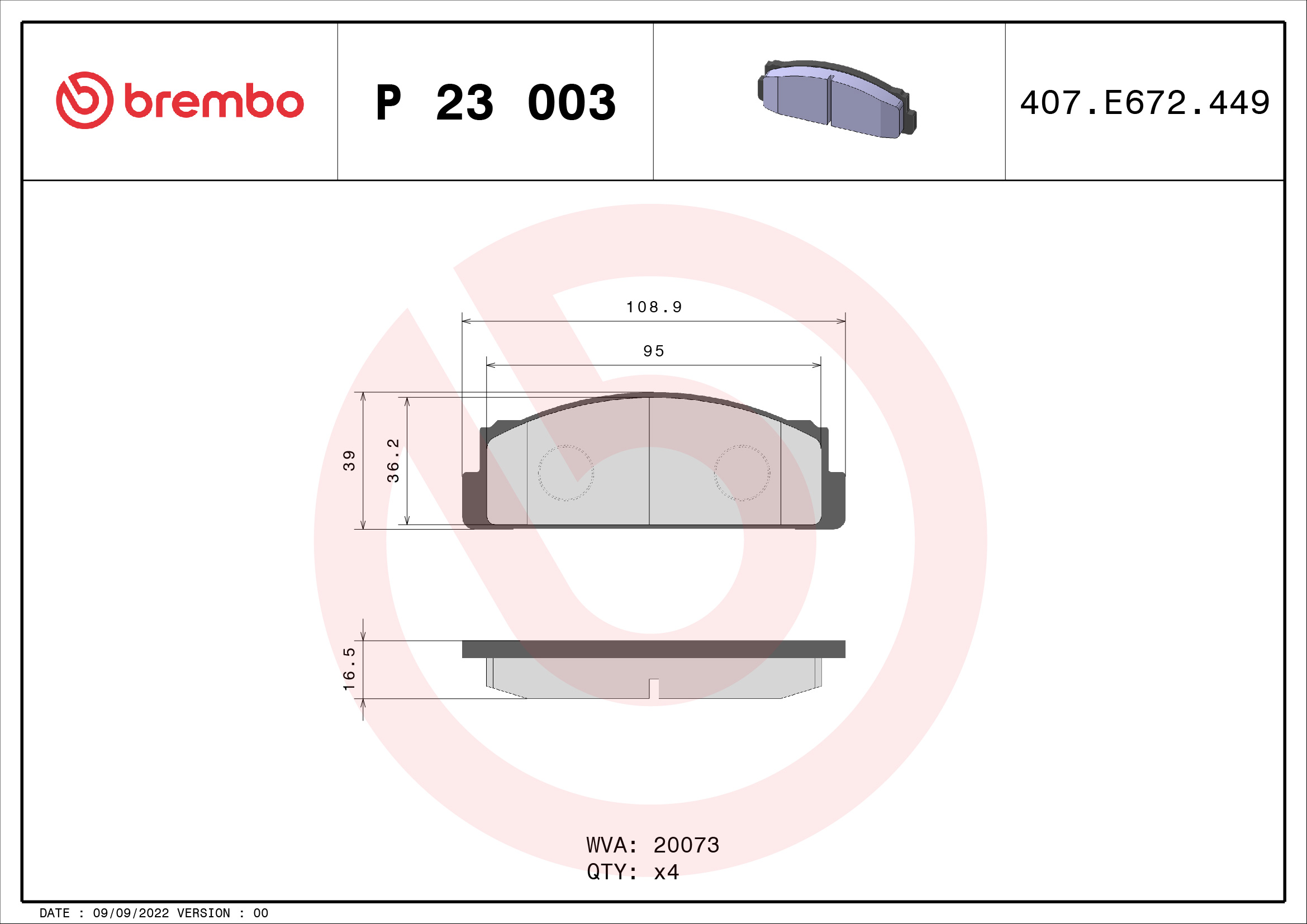 Brake Pad Set, disc brake - P 23 003 BREMBO