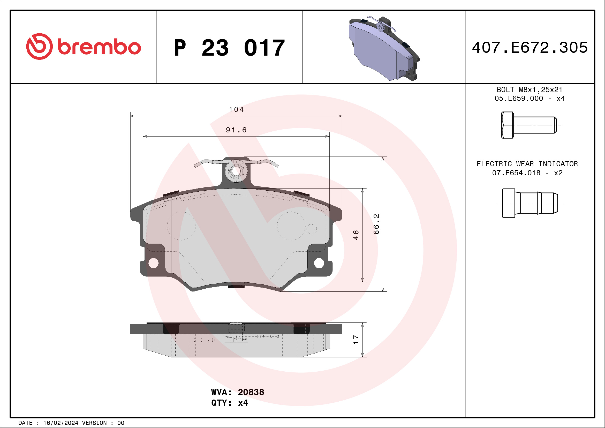 stabdžių trinkelių rinkinys, diskinis stabdys - P 23 017 BREMBO