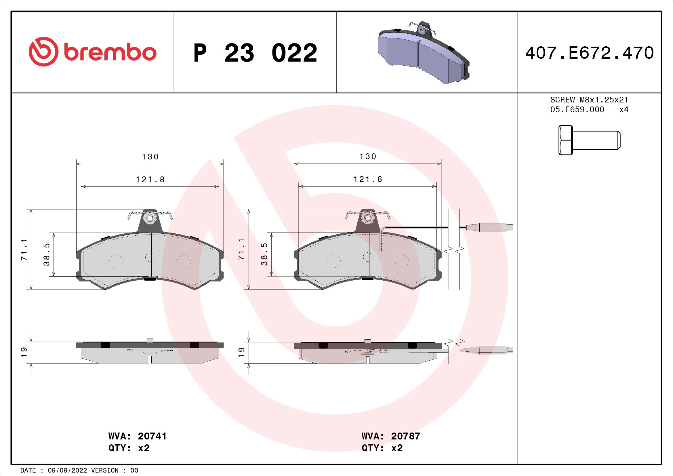 Kit pastiglie freno, Freno a disco - P 23 022 BREMBO